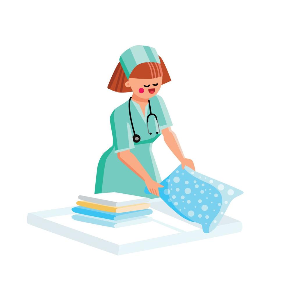 Hospital Nurse Woman Making Bed In Chamber Vector