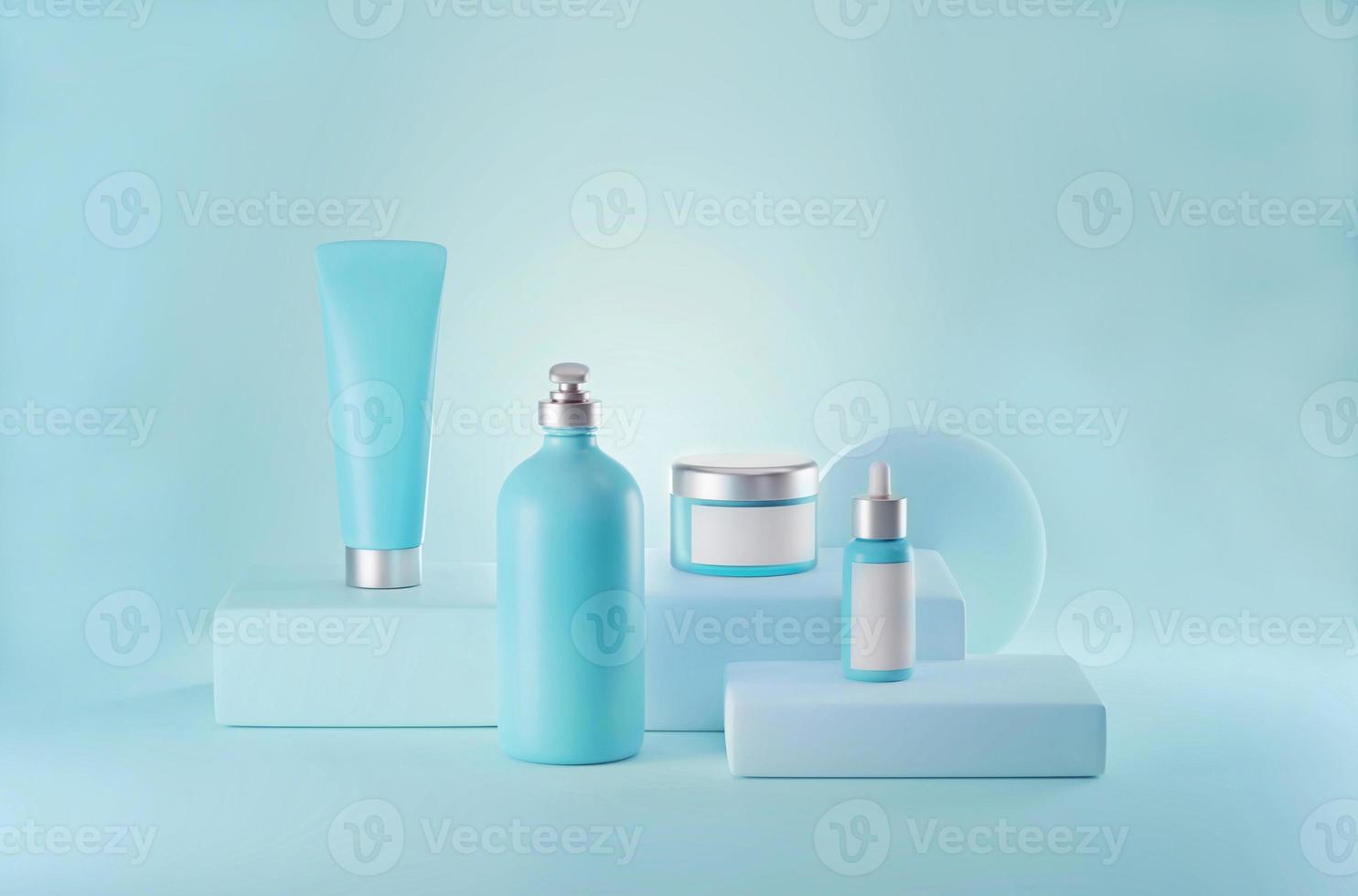 Blue skincare cosmetics with cream and serum bottle and sunscreen tube on the podium  3d illustration photo