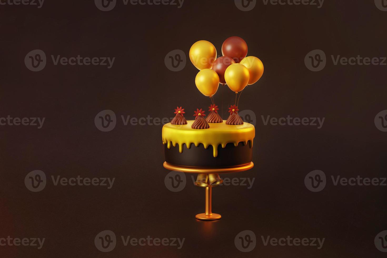 Golden cake with a cute balloon on dark brown background for the celebration and advertisement 3d illustration photo