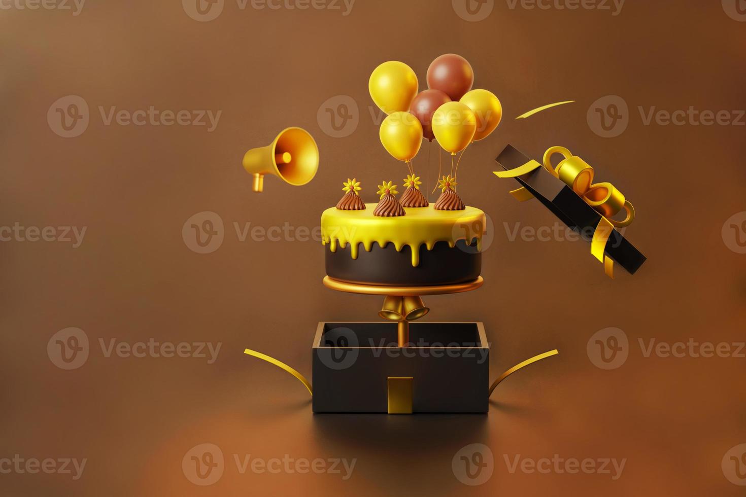 Golden cake in the black gift box and a cute balloon and megaphone on brown background for greeting card and advertisement 3d illustration photo