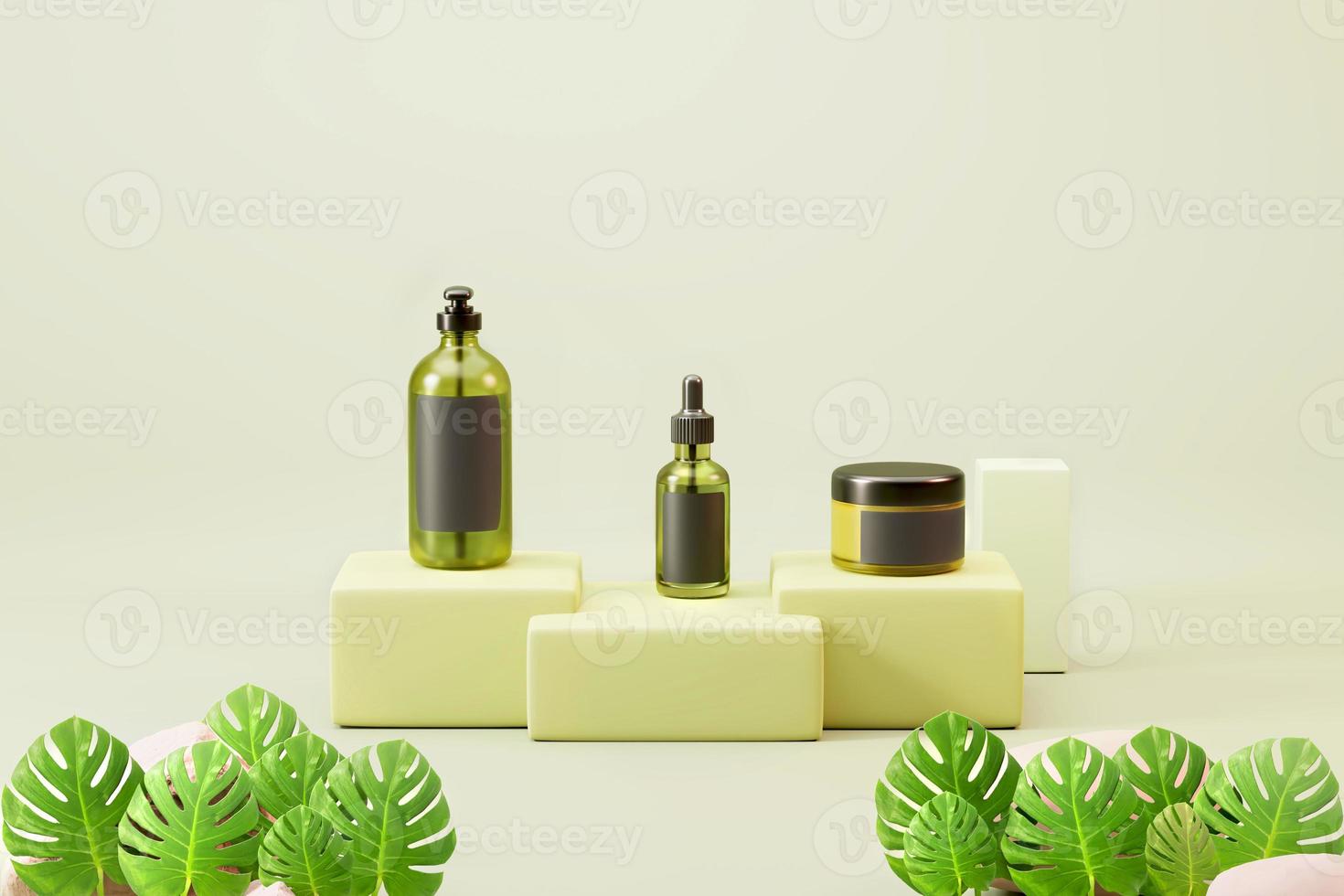 Glass green cosmetics skincare natural packaging mock up 3d illustration for banner and advertising. photo