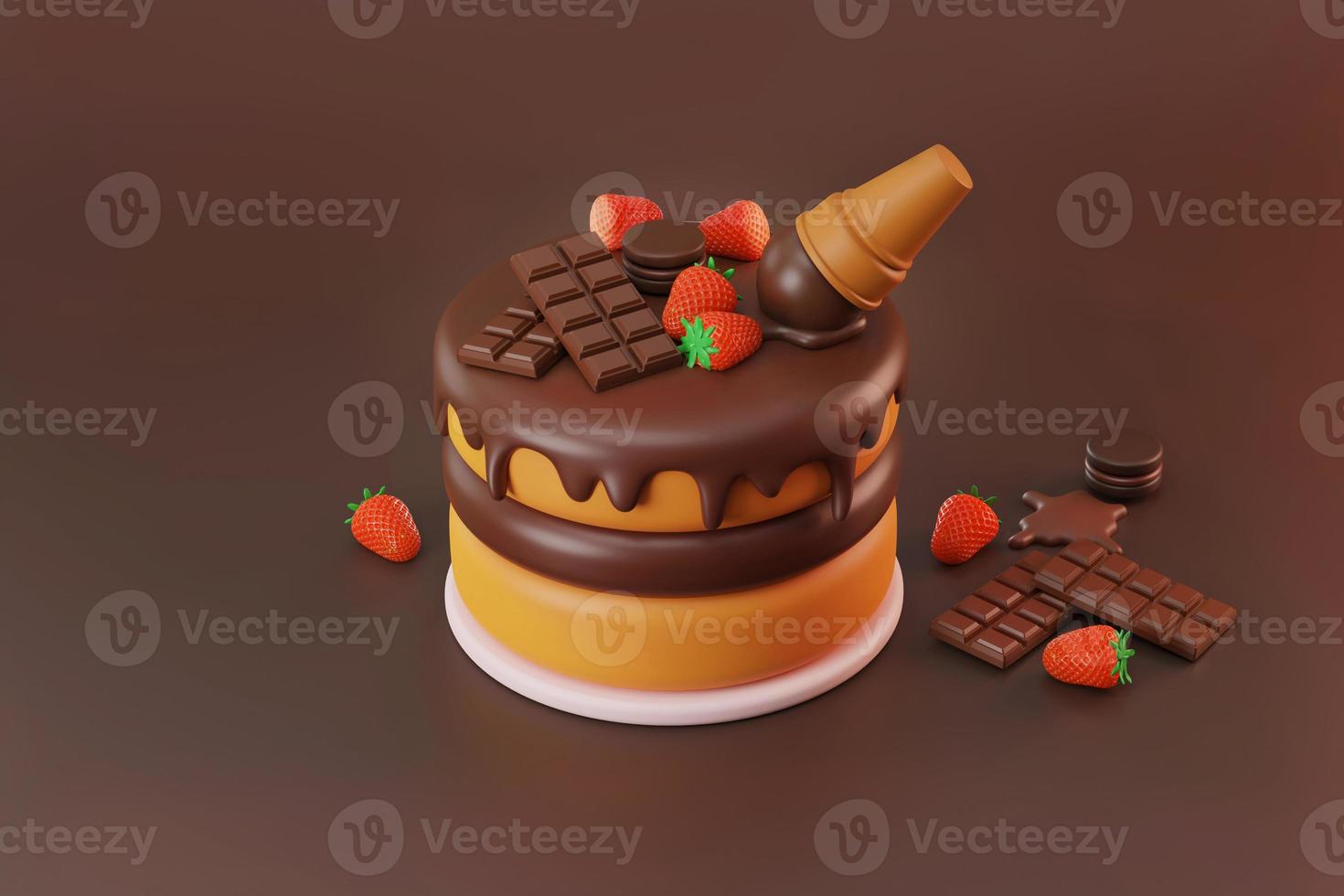 Chocolate cake birthday and anniversary with red strawberry topping, melting ice cream cone and macaroon decoration 3d illustration photo