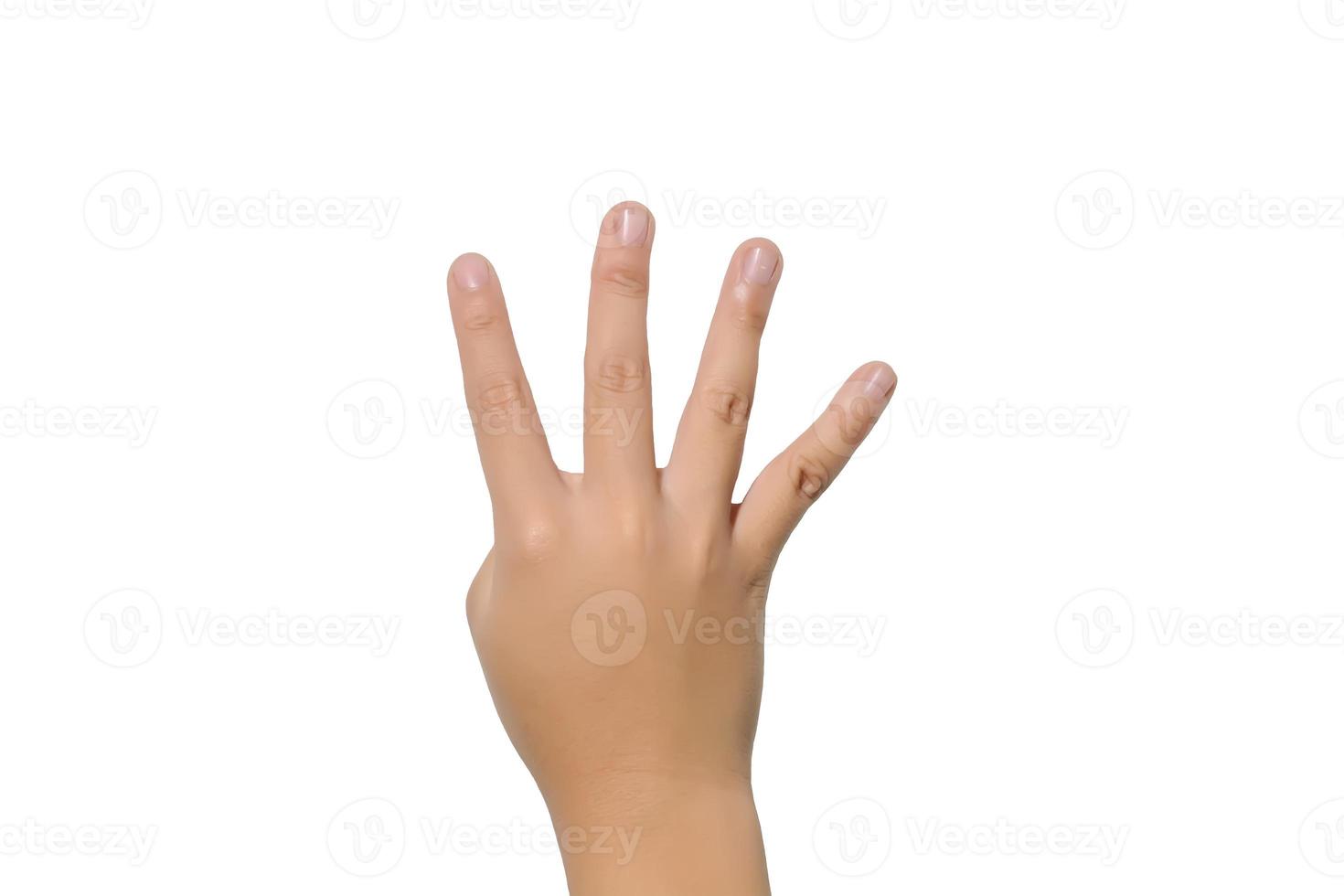 Boy raising four fingers up on hand on white background. photo