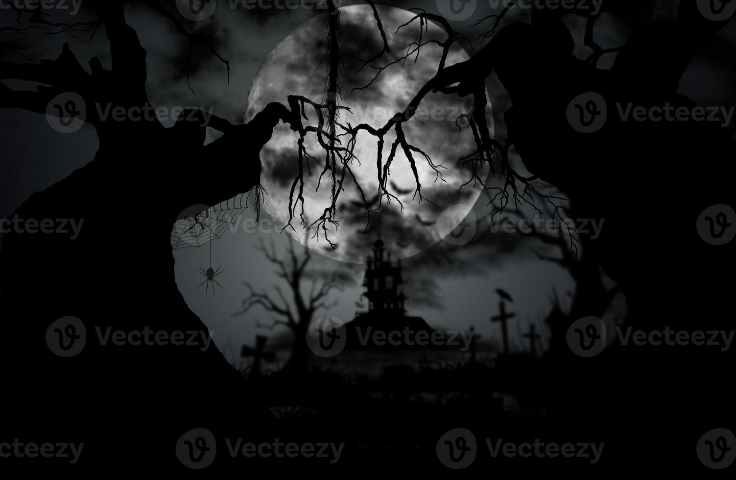 Halloween night background with moon, spider, castle, gravestone and old tree. photo