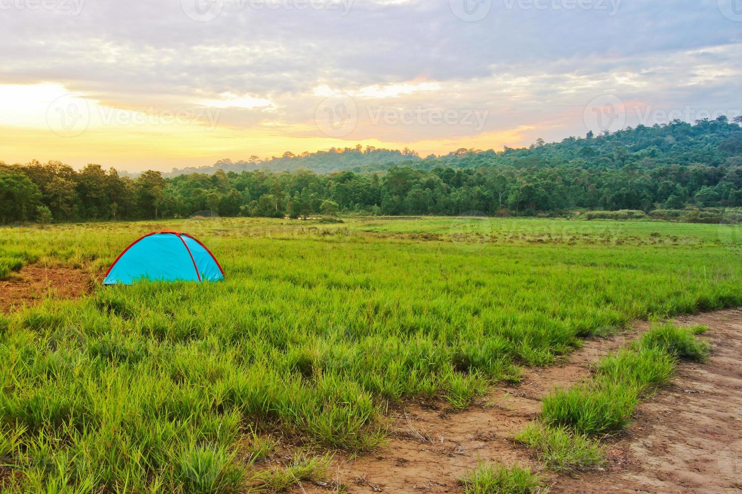 The small tent in the meadow with trees and sky in the background photo