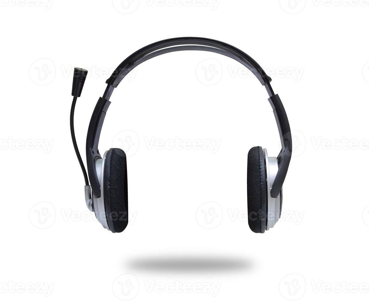 vista frontal de los auriculares para colocar sobre las orejas, los jugadores o los auriculares del centro de llamadas aislados en la ruta de recorte de fondo blanco. foto