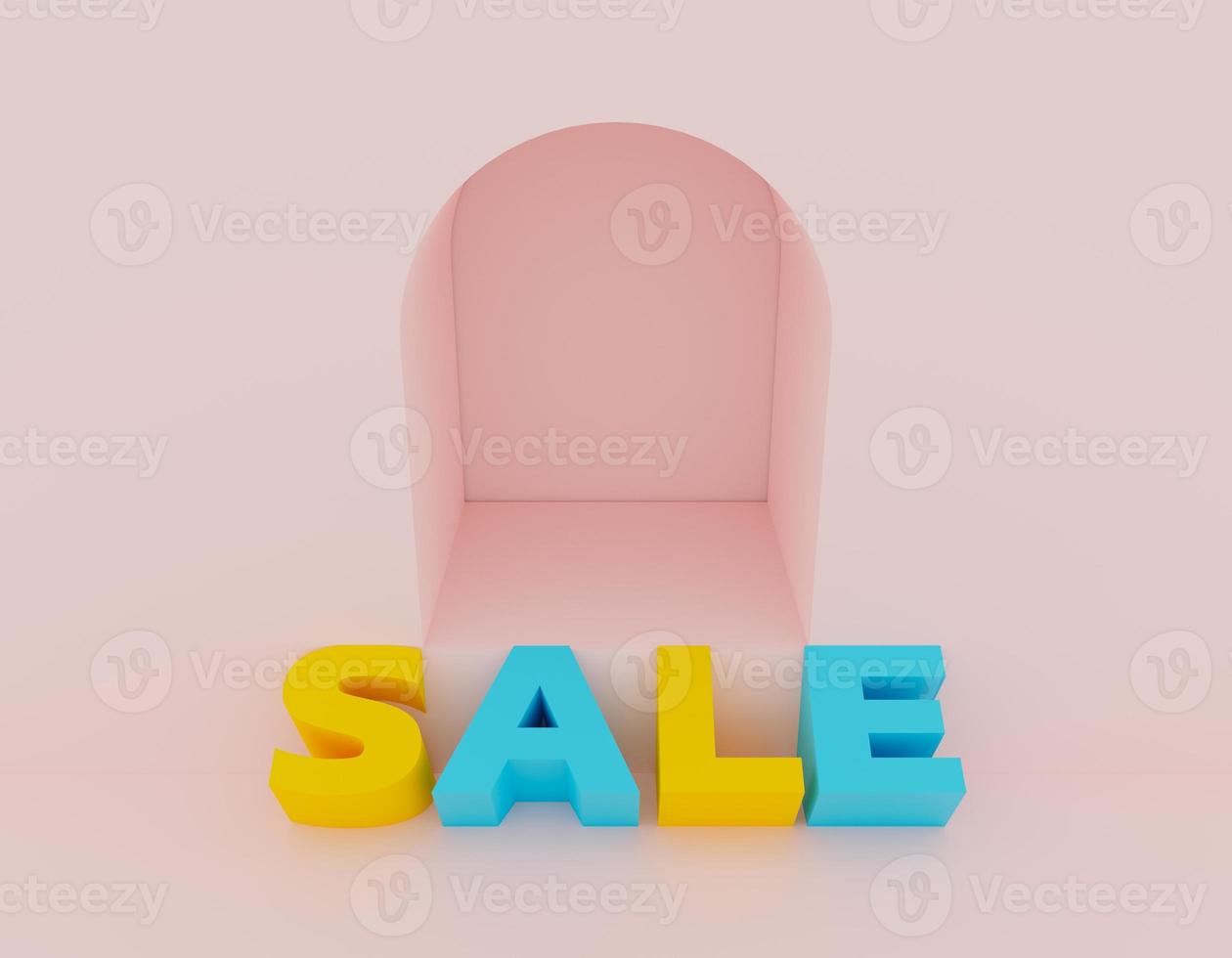 3d render abstracto podio vacío minimalista con texto de venta colorido, campaña de oferta especial o concepto de compra de promoción, plantilla de banner de ventas para redes sociales y sitio web. foto