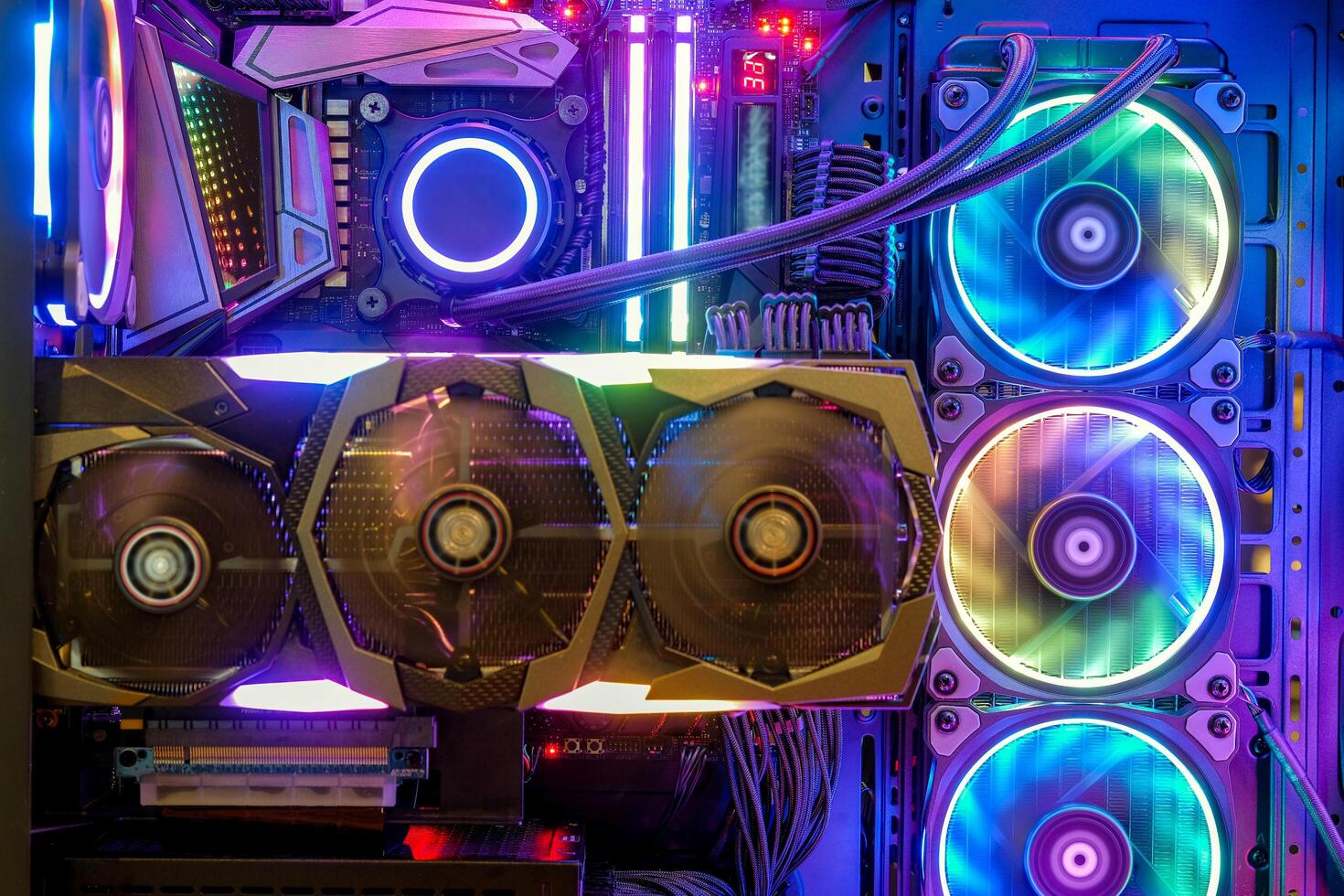 inside desktop pc gaming and cooling fan cpu with multicolored led rgb