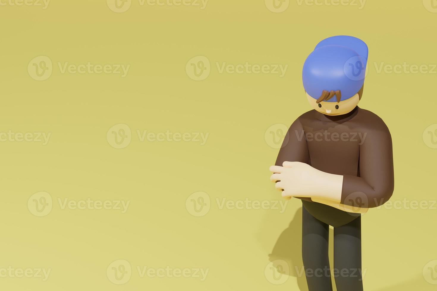 3D illustration of a man wearing a hat standing with his arms crossed to show his reaction to convey meaning photo