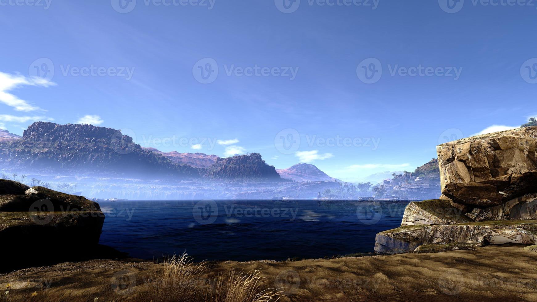 A lake with mountains and a beautiful sky. Thick fog at distant mountains 3D rendering photo