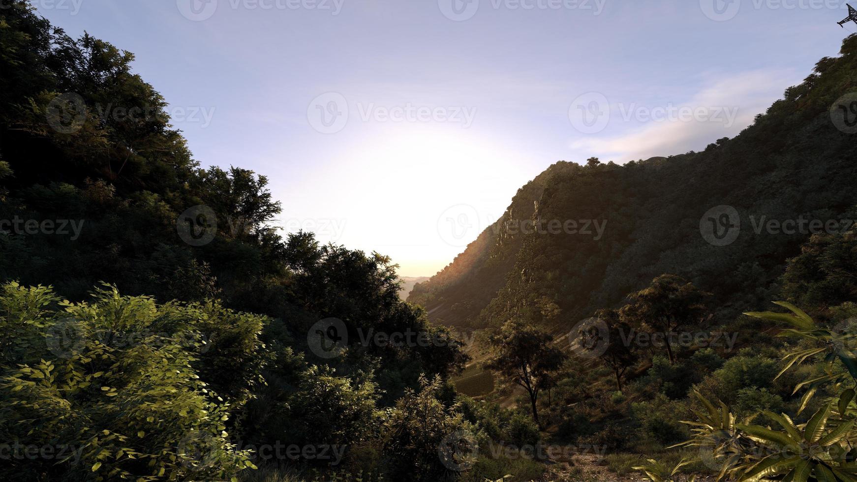 Big and tall mountains where sunlight casts shadows of mountains among nature, forests and rural small towns 3D rendering. photo