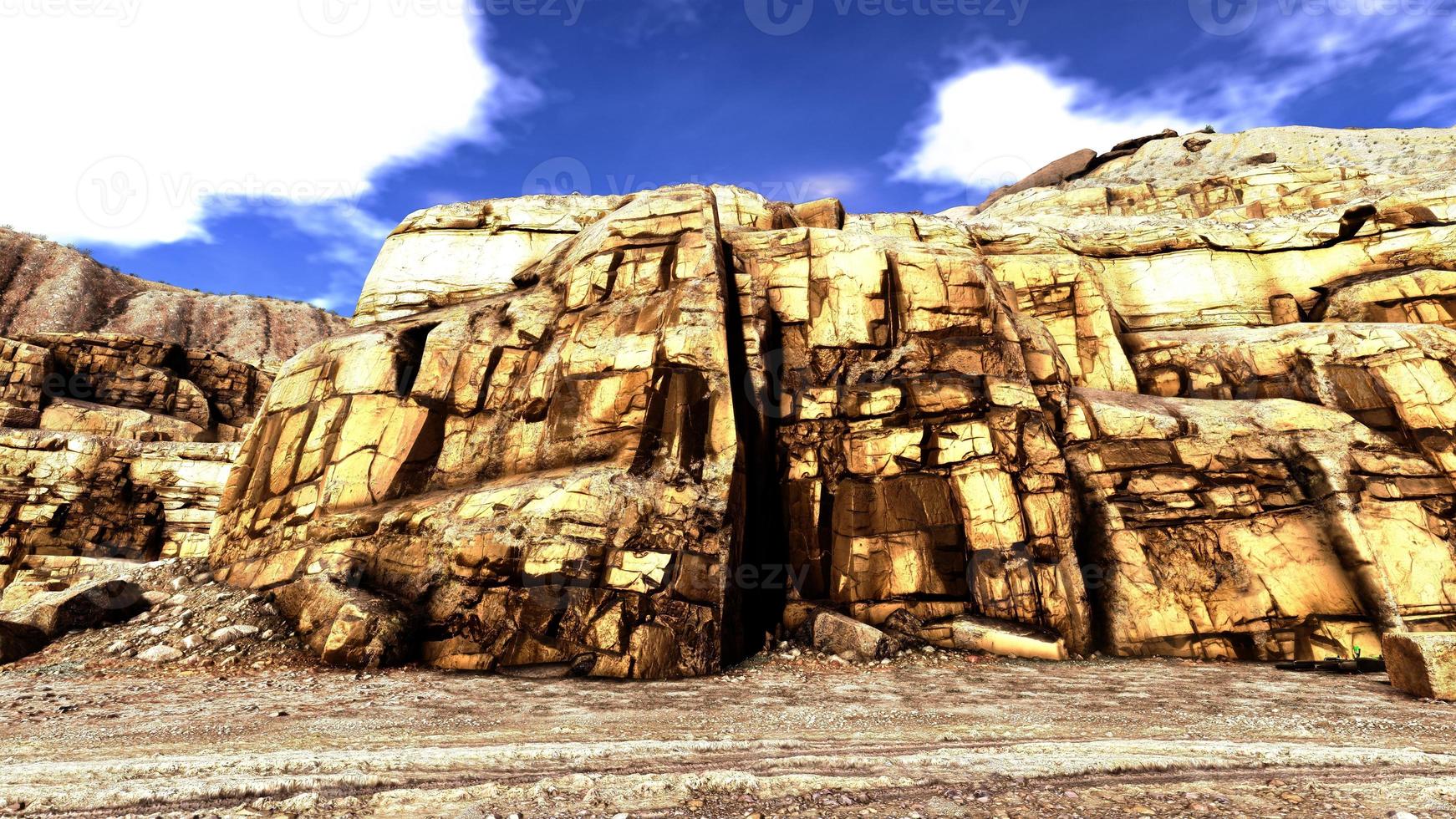 A huge golden mountain beside the road in the daytime 3D rendering photo