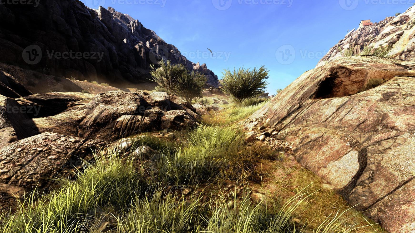 green meadows and beautiful blue sky Nature makes good things, 3D rendering photo