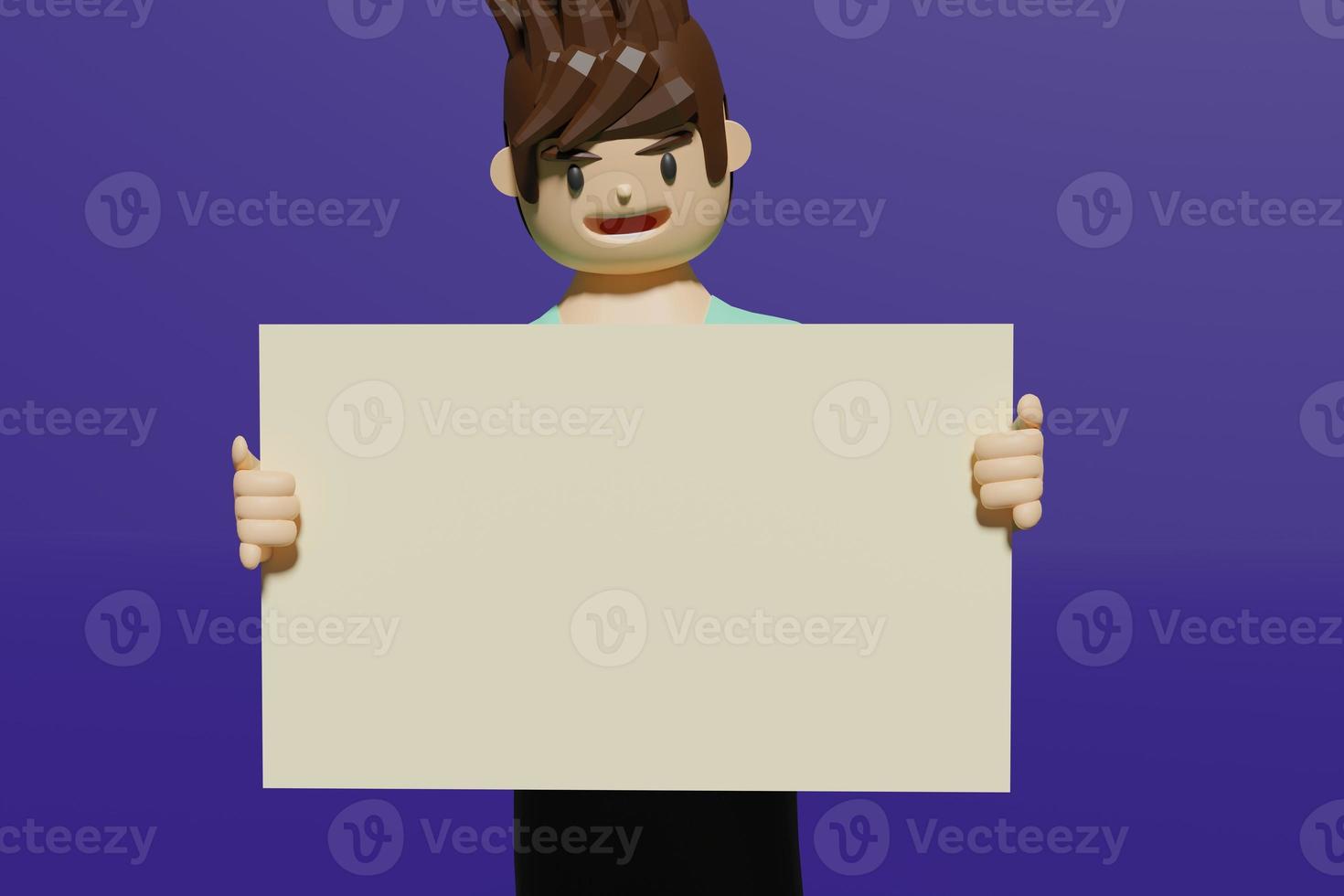 male character holding a big white sign for advertising to describe various stories 3D rendering photo