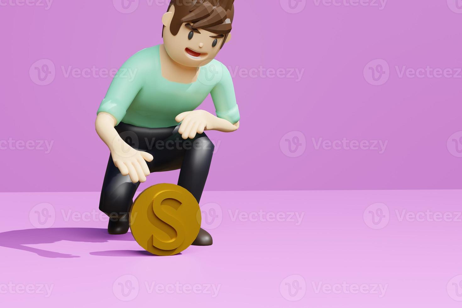 A man who was bent down to touch the large lump of money on the ground. Pink background 3D rendering photo