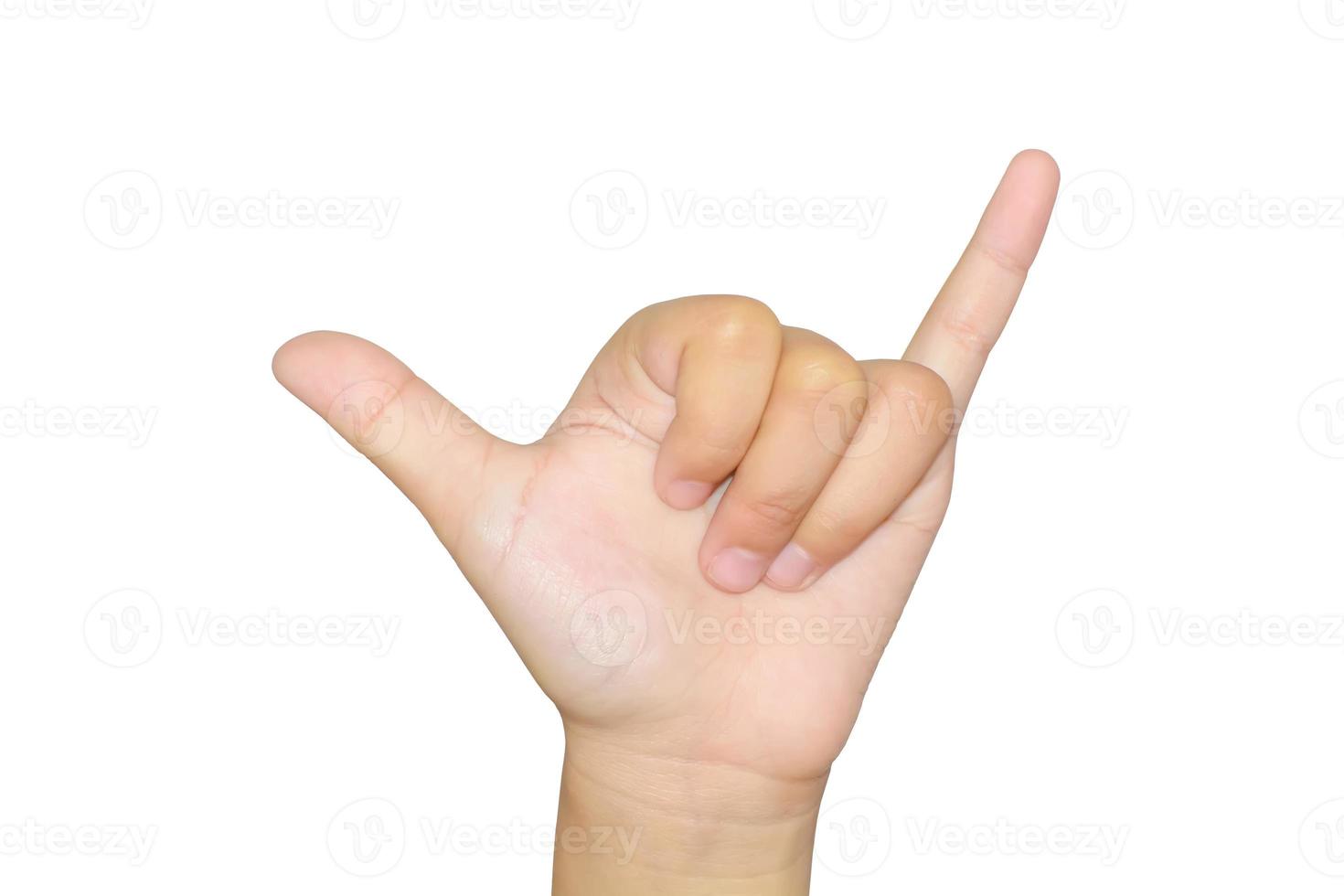 Girl finger shaka sign on a white backgrounds. photo