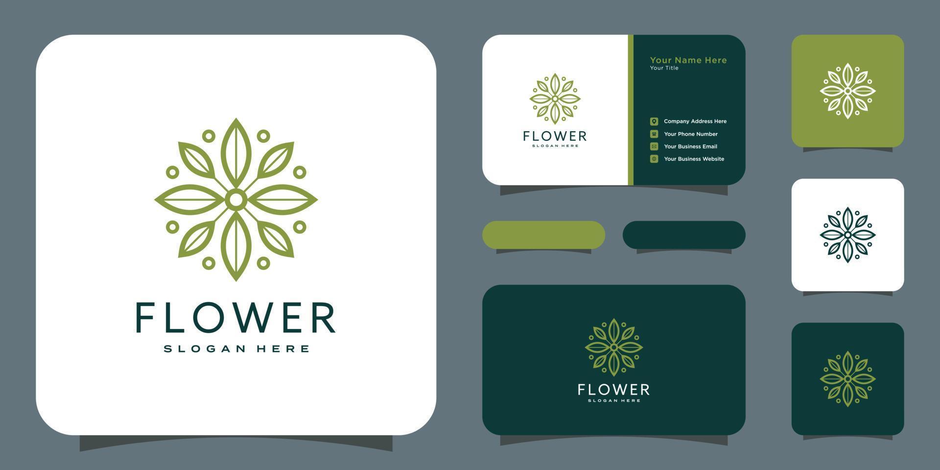 Flower mono line luxury logo with business card design vector