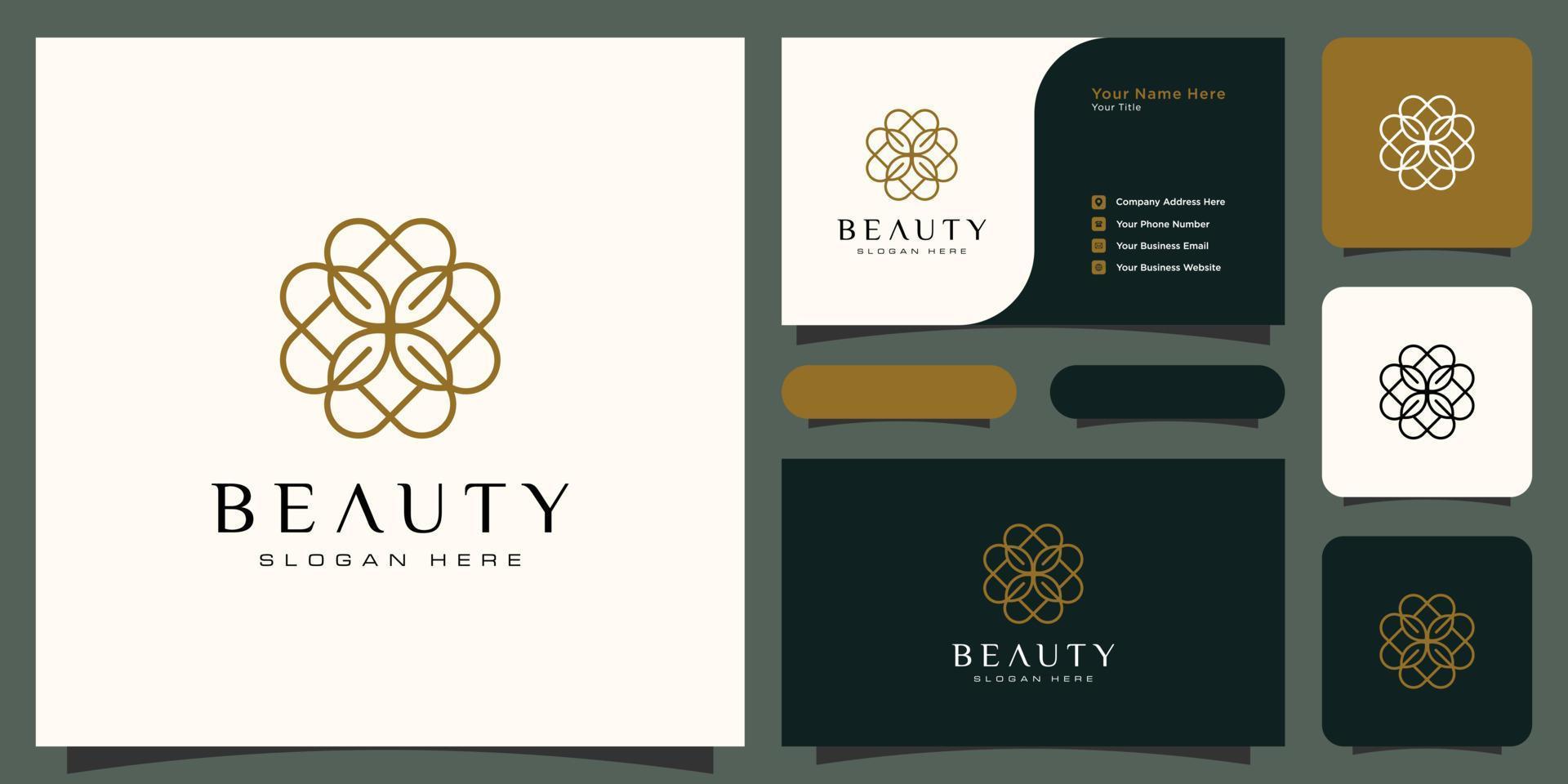 Flower mono line luxury logo with business card design vector