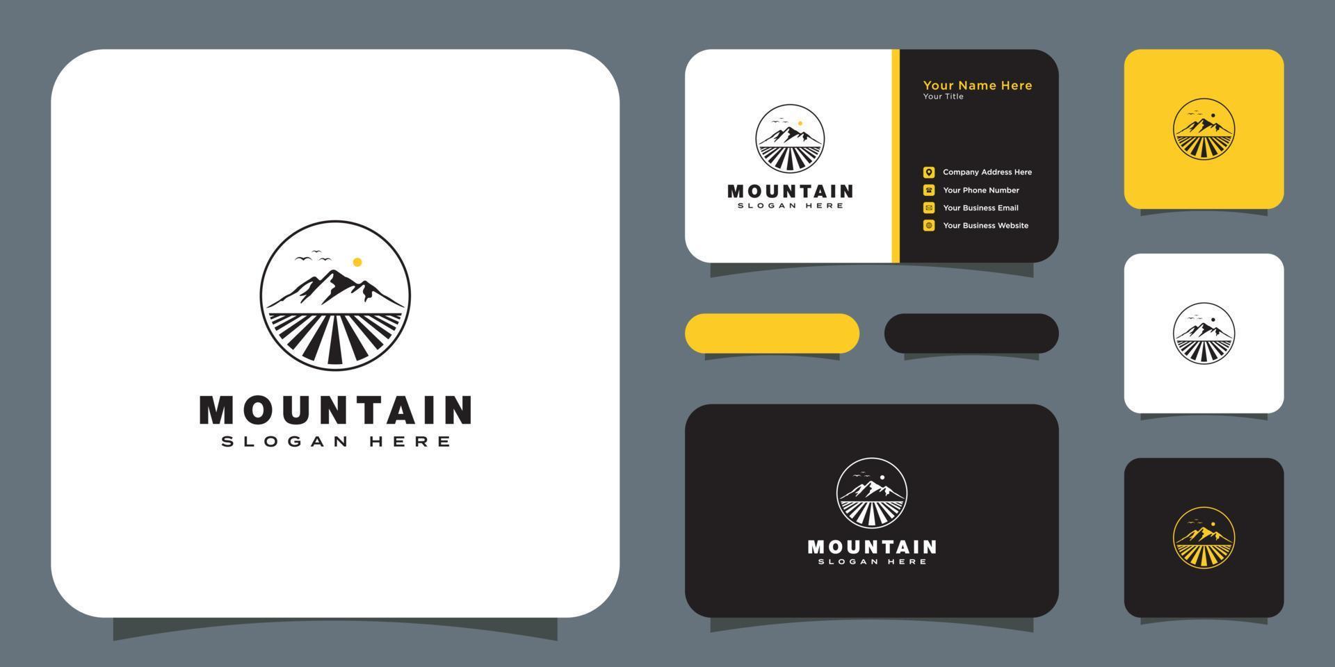 mountain with sun light logo design and business card vector