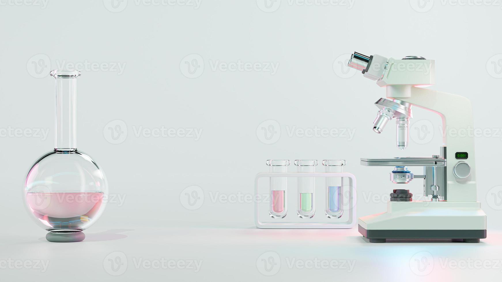 Test tube and Microscope. microbiology magnifying tool and symbol of chemical science exploration. Space for banner and logo. photo