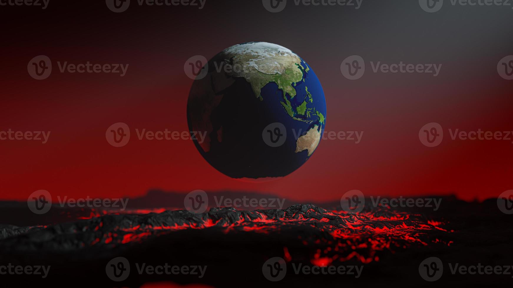 Globe floating on red lava. Smoke and light from the side. Global warming idea concept. photo