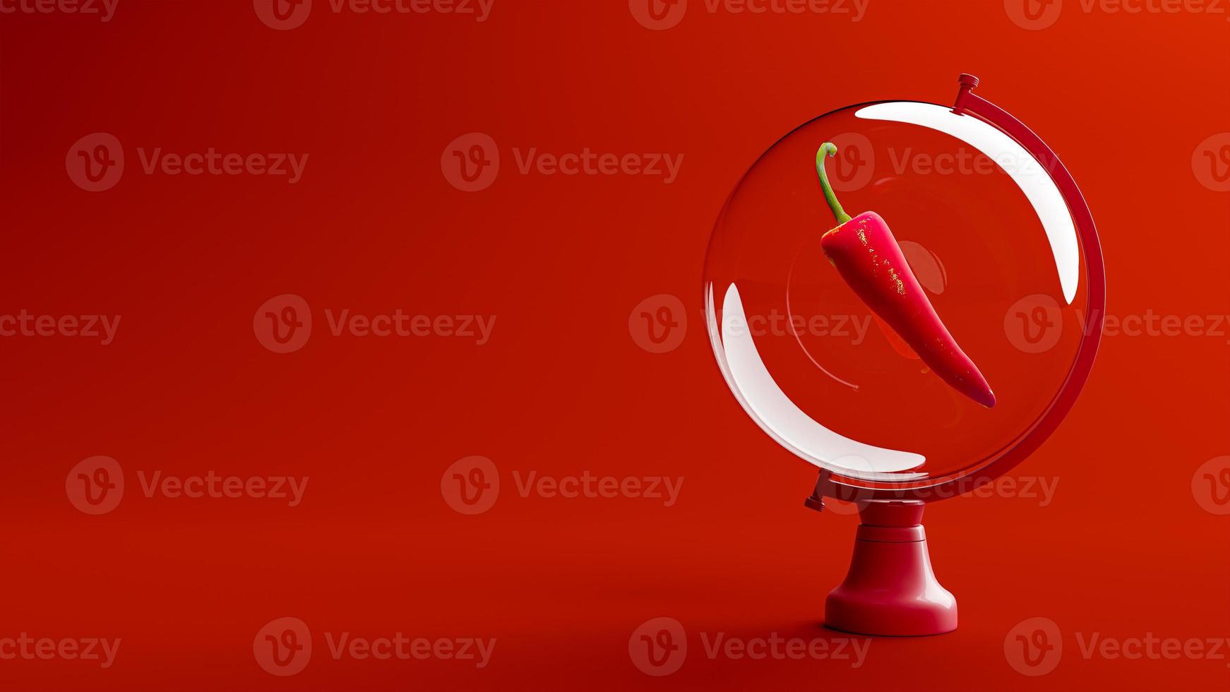 Red pepper in clear glass on a rotating platform. on red background, minimal idea concept. photo