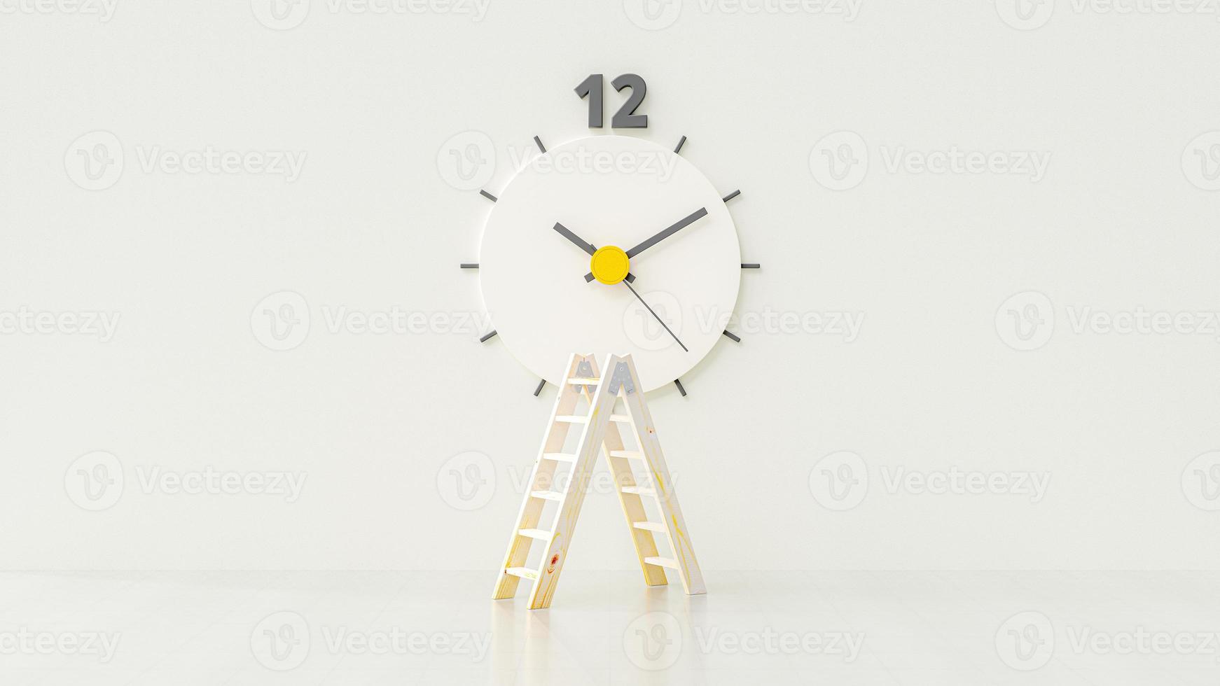 Clock middle of white room. Wooden ladder placed in front. photo