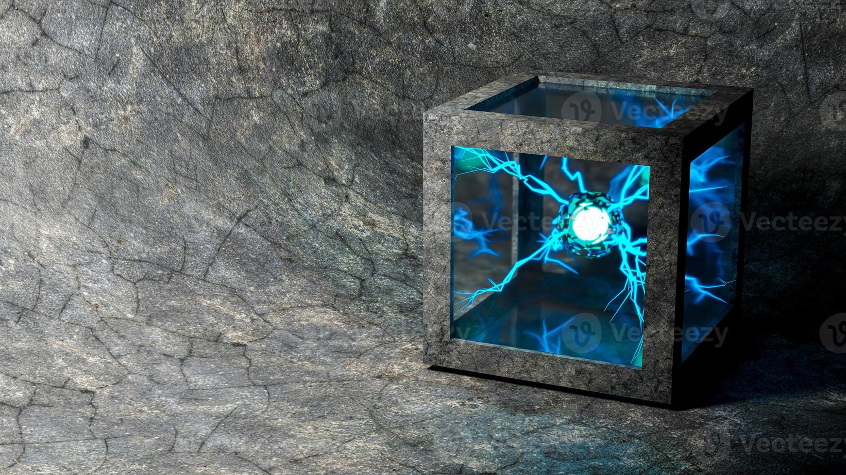 Electric arc energy cube in mortar box. placed on the cement floor blue sparks. photo