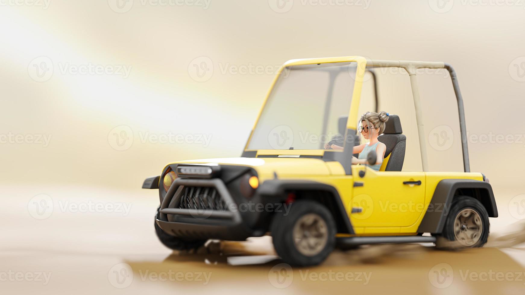niña conduciendo un coche amarillo en un espacio vacío como un desierto. luz brillante del fondo del sol. dibujos animados. foto