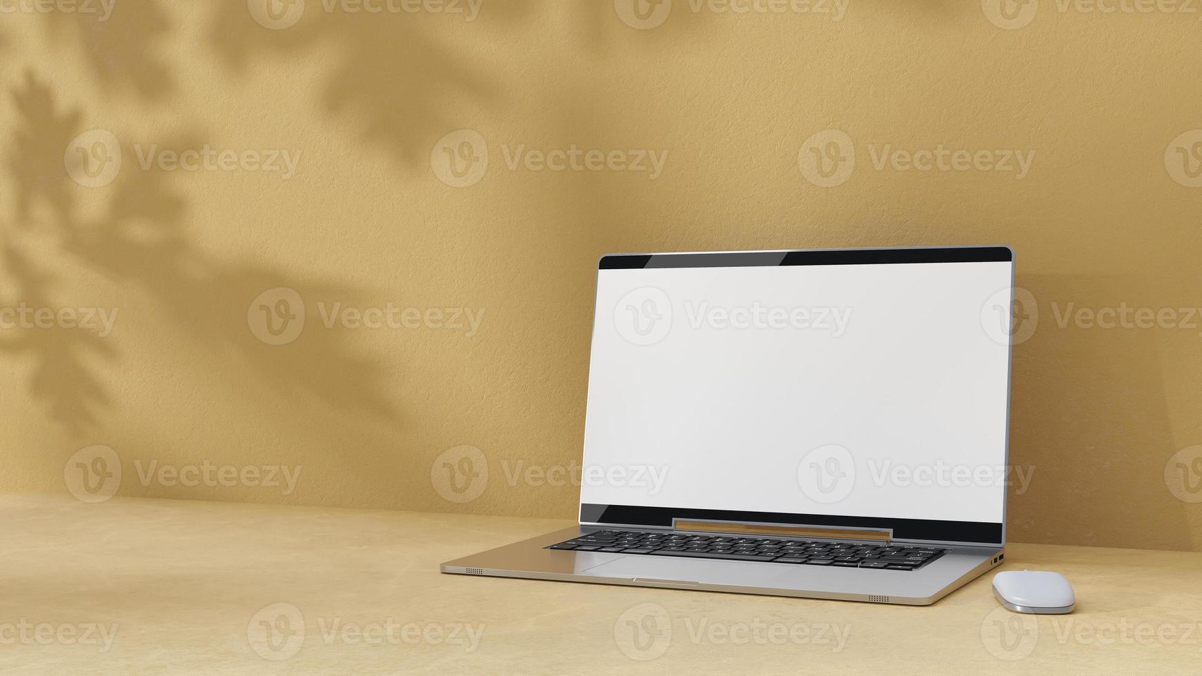 Empty display laptop with decoration minimal. Shadow from tree on cement floor. Mock-up computer and minimalism concept. photo
