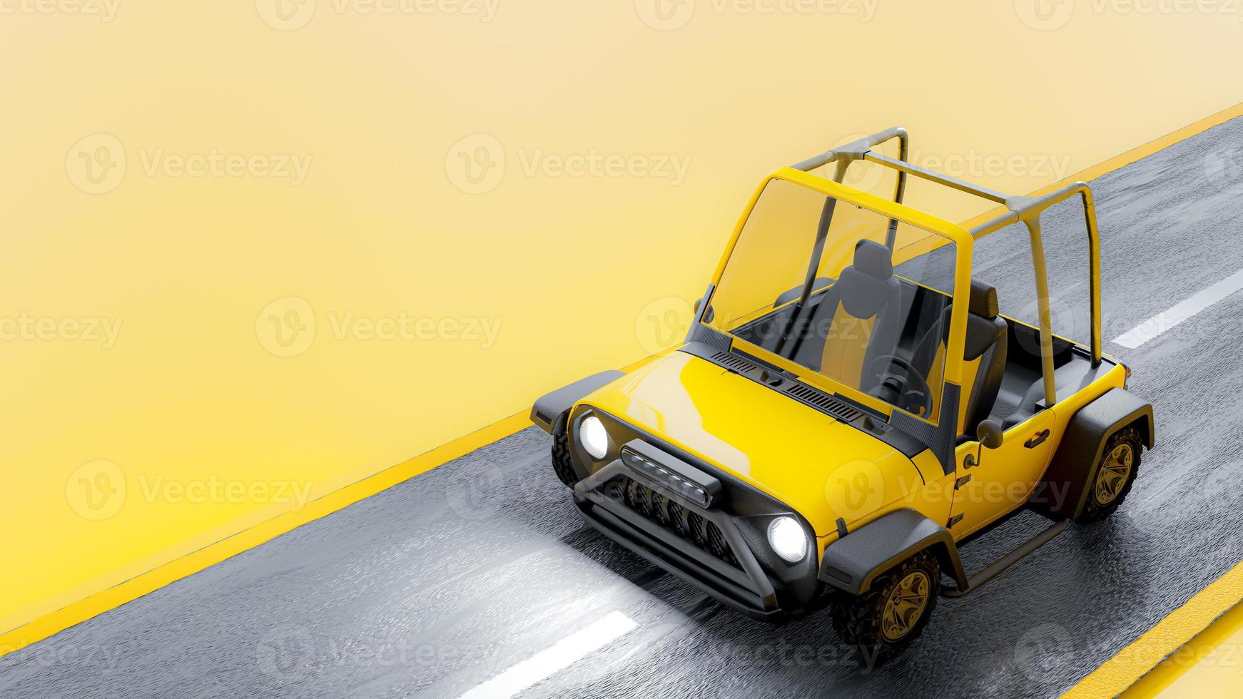 yellow tourist car run on mock road. on yellow background with light coming from the side. photo