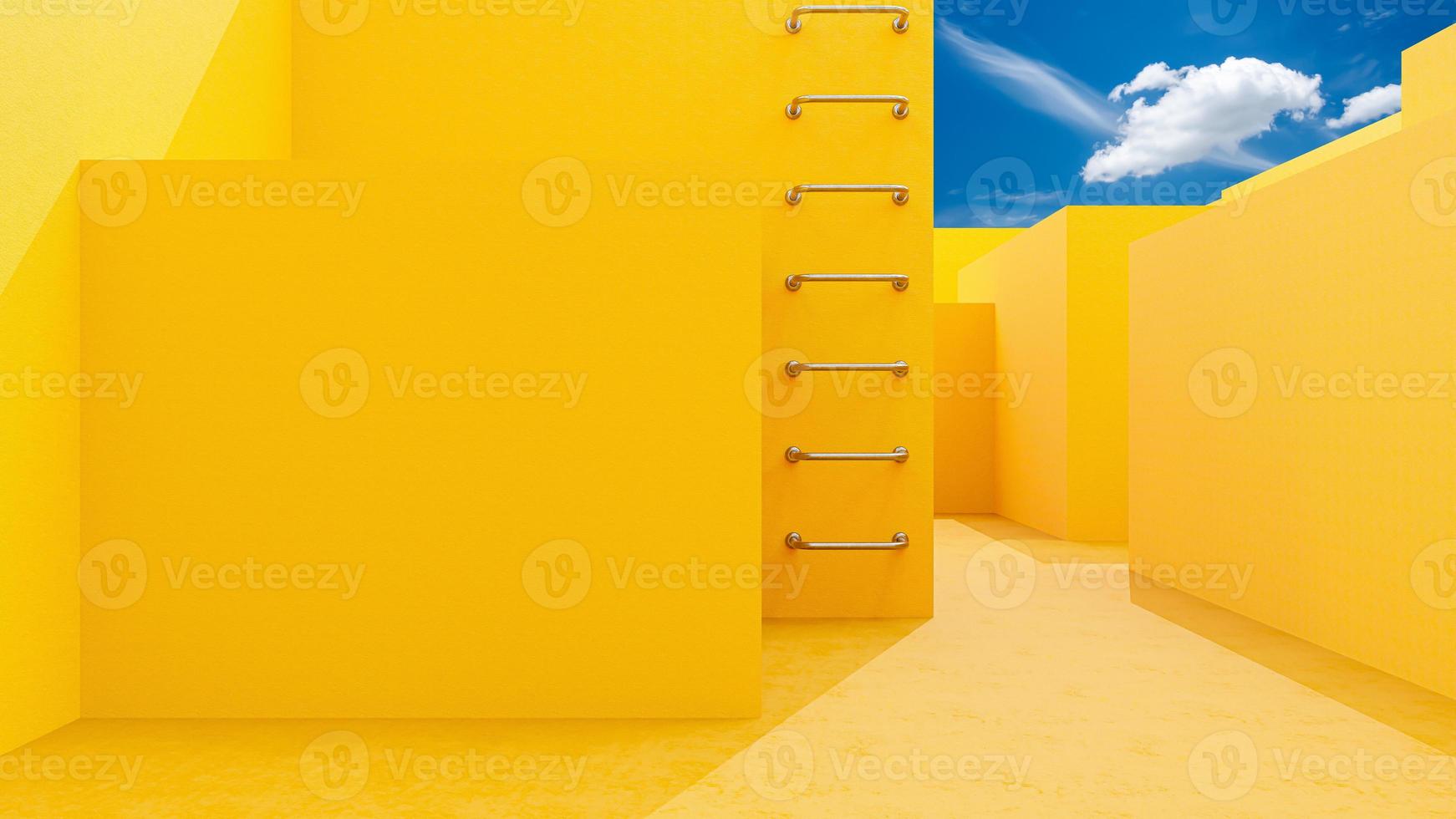 yellow abstract background. Yellow square shape and stairs made of metal. background bright blue sky. Minimal idea concept, 3D Render. photo