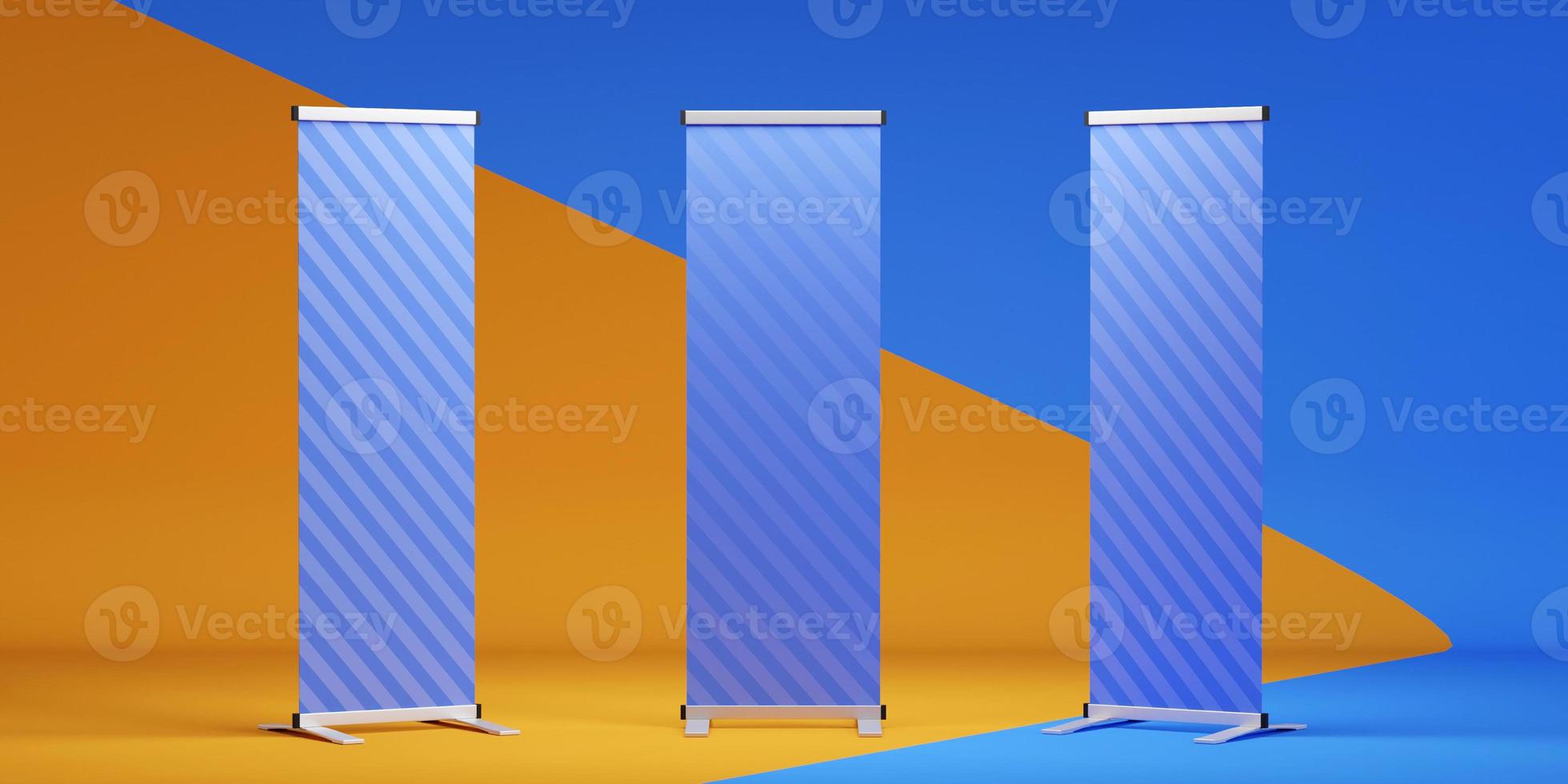 Display Banner Standee Backdrop for trade show advertising stand with LED OR Halogen Light with standees and counter. 3d rendering photo