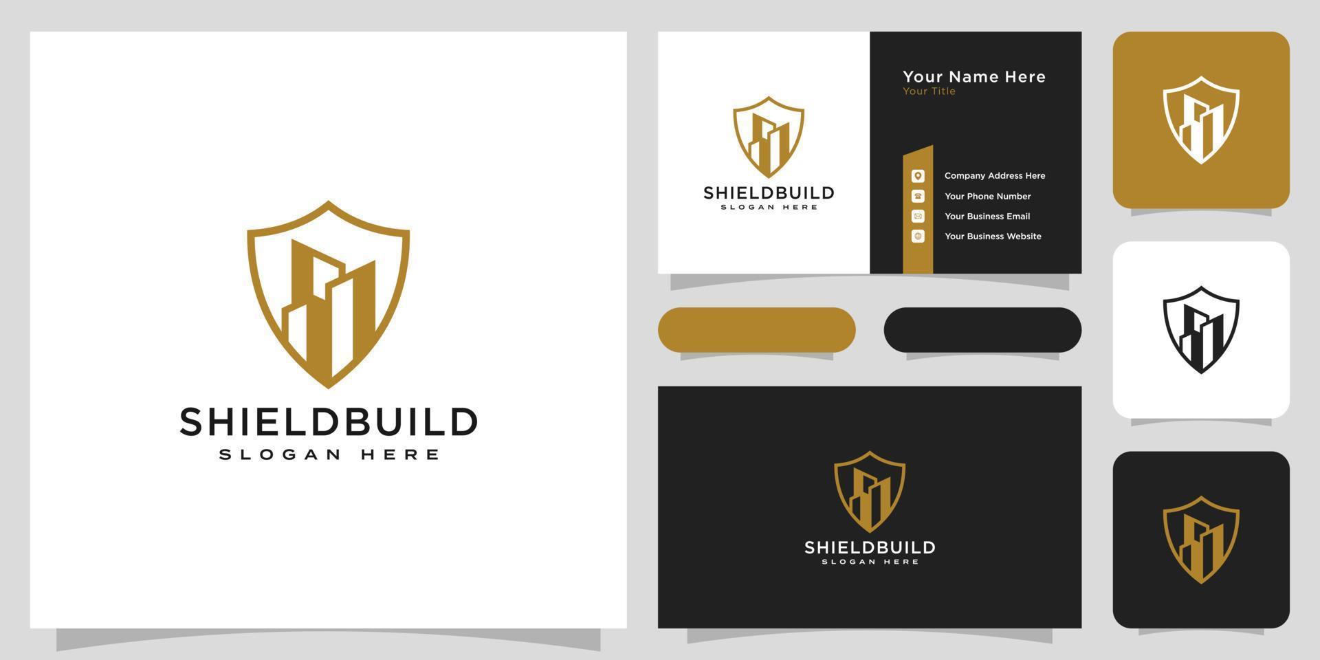 building and shield line style logo and business card vector