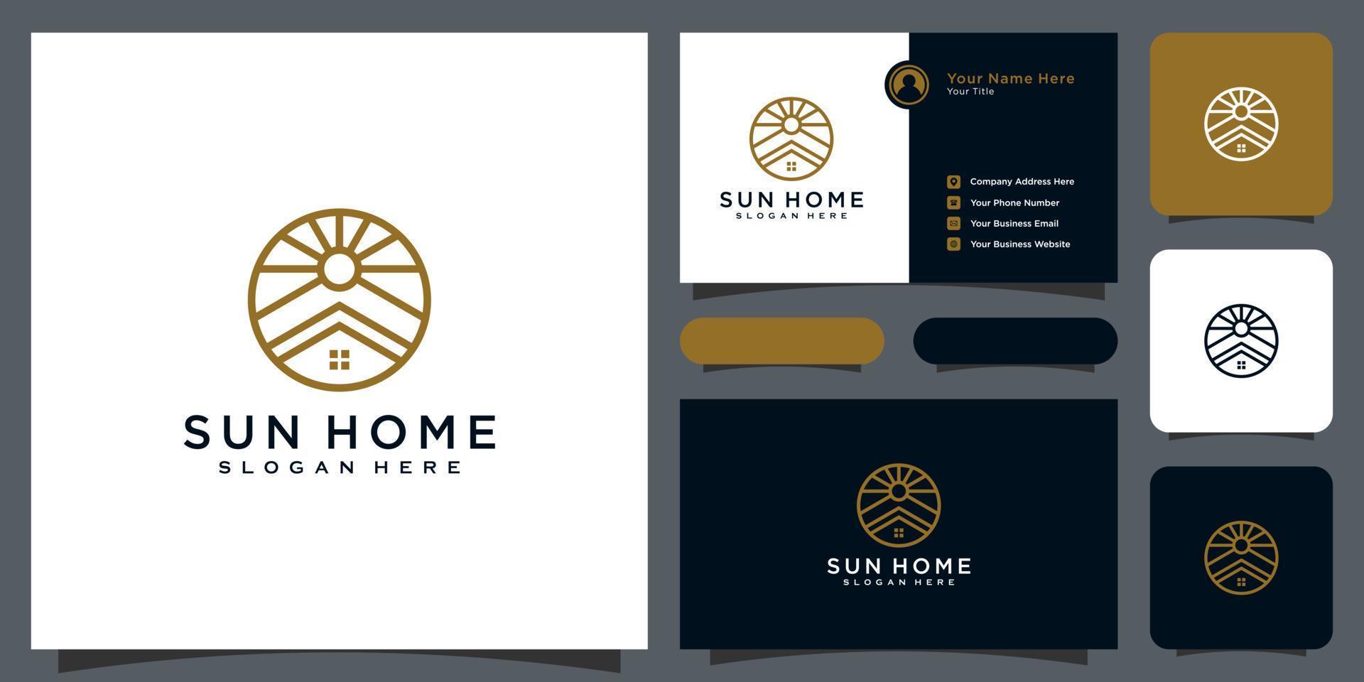 Minimalist line abstract home with sun light logo design vector