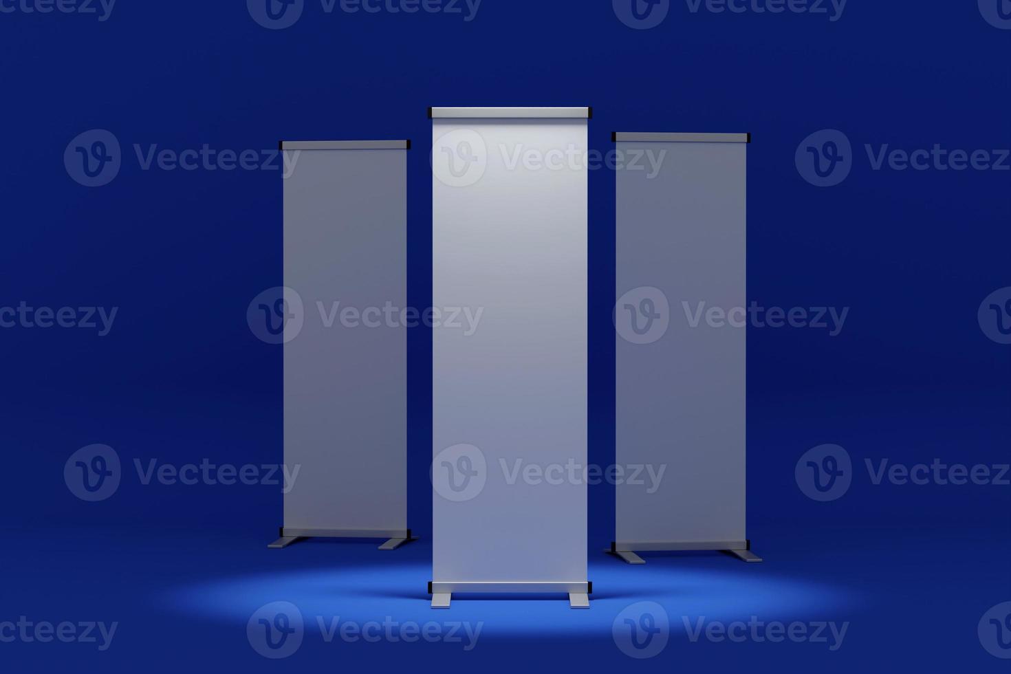 Display Banner Standee Backdrop for trade show advertising stand with LED OR Halogen Light with standees and counter. 3d rendering photo