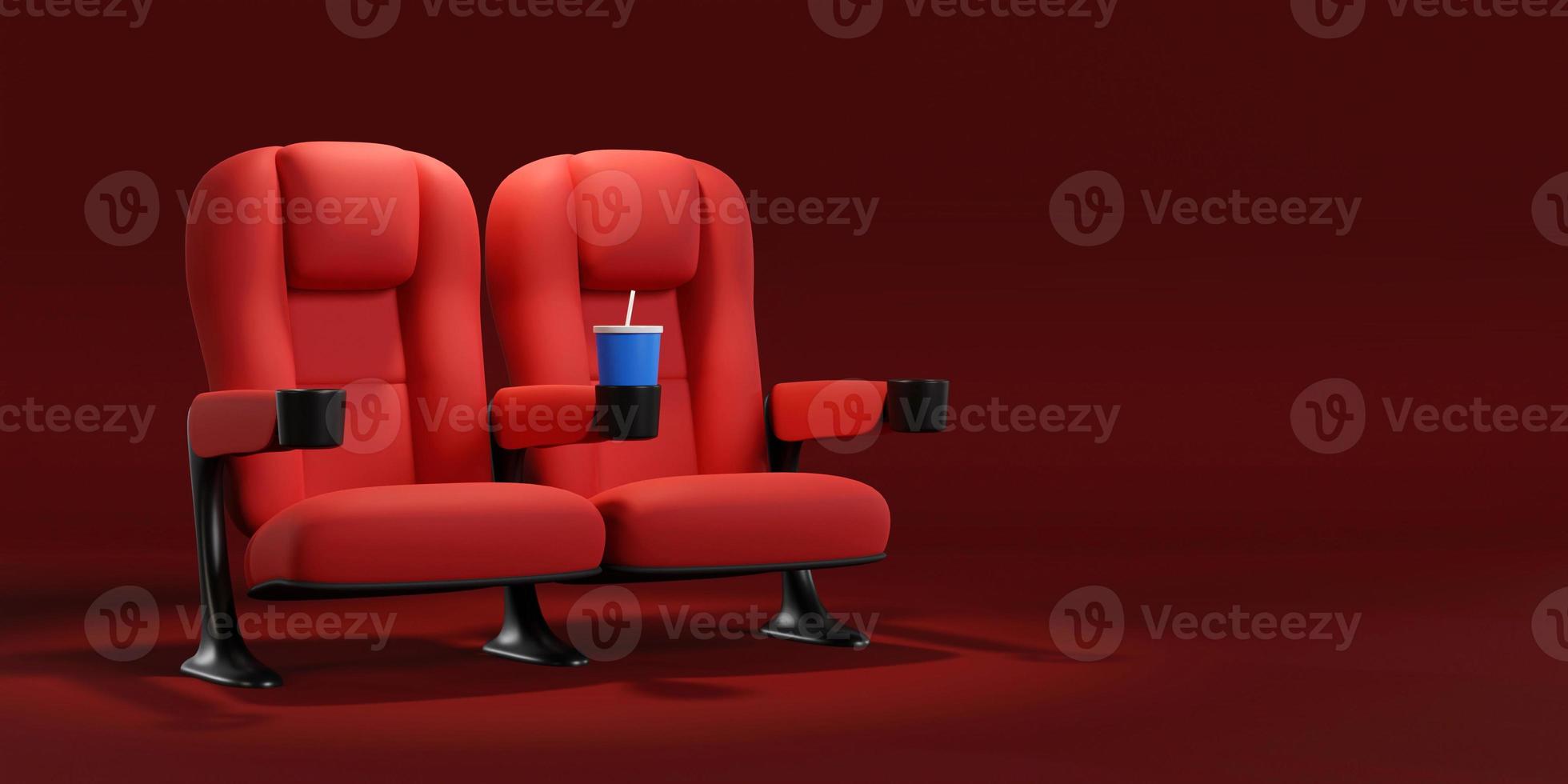 Cinema seats couple stand on red carpet. Buy movie ticket concept, movie night. 3d rendering. photo