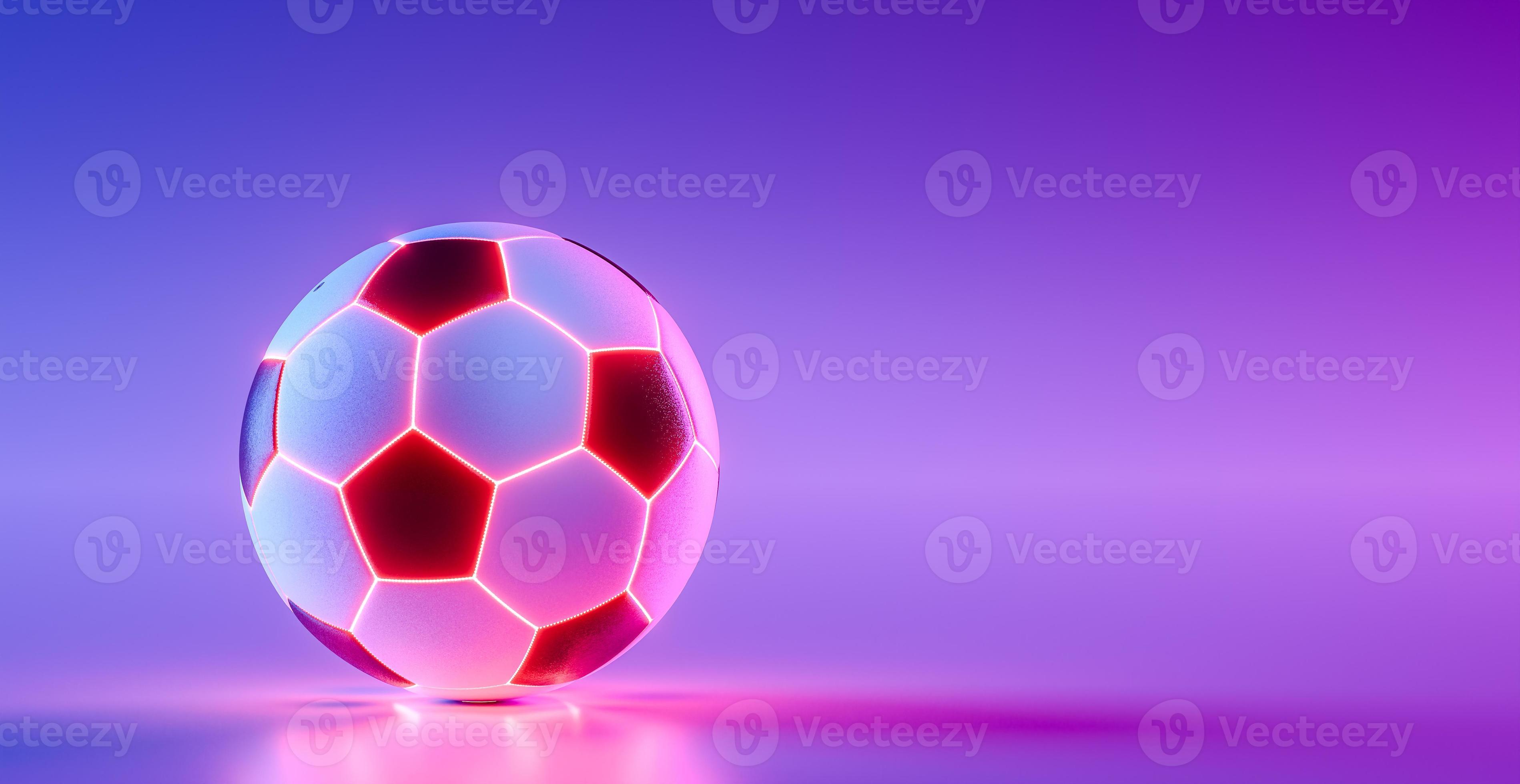 Soccer ball with neon futuristic lights on purple shiny background. 3d