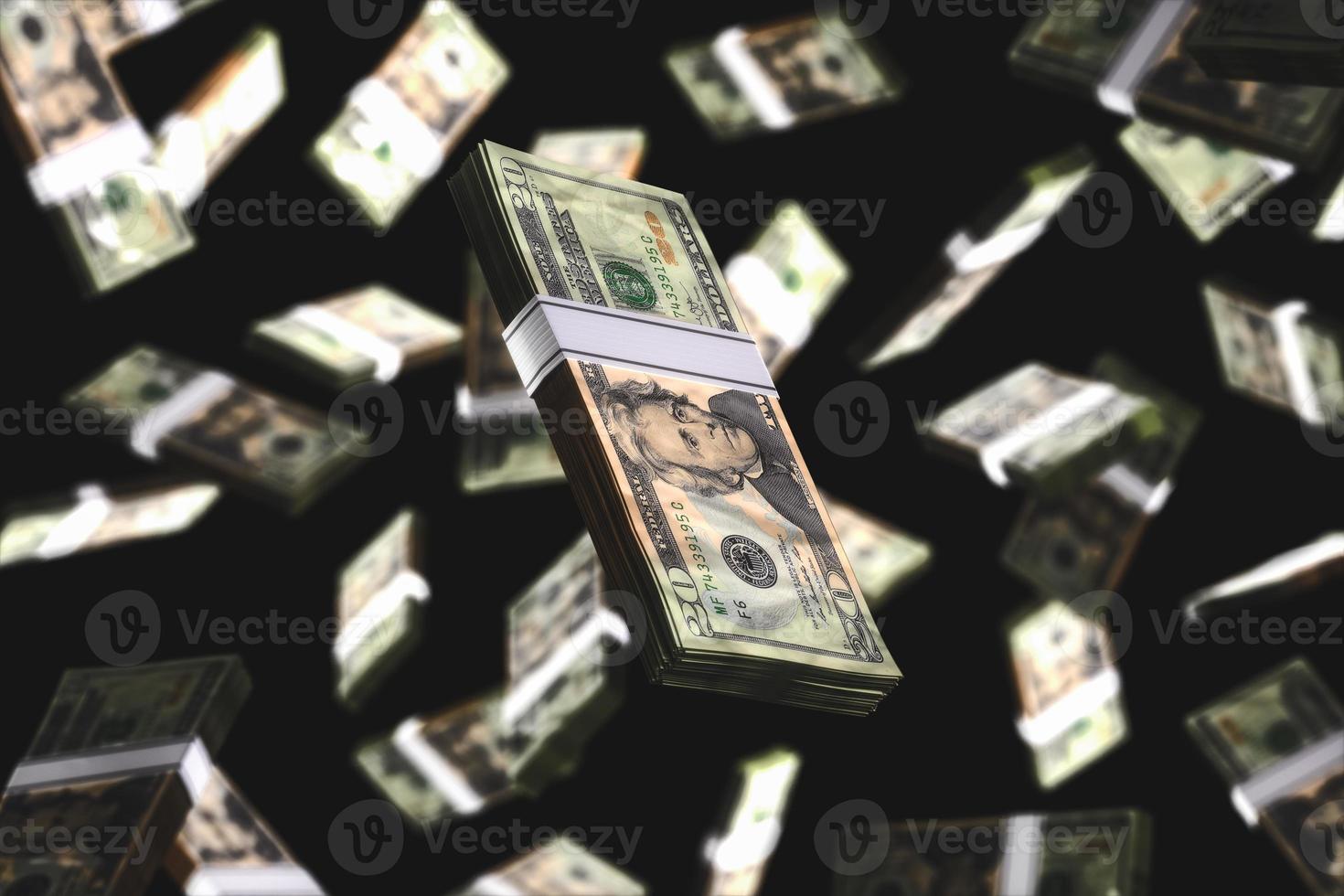 Many bundles of dollar bills falling on a black background. 3d render photo