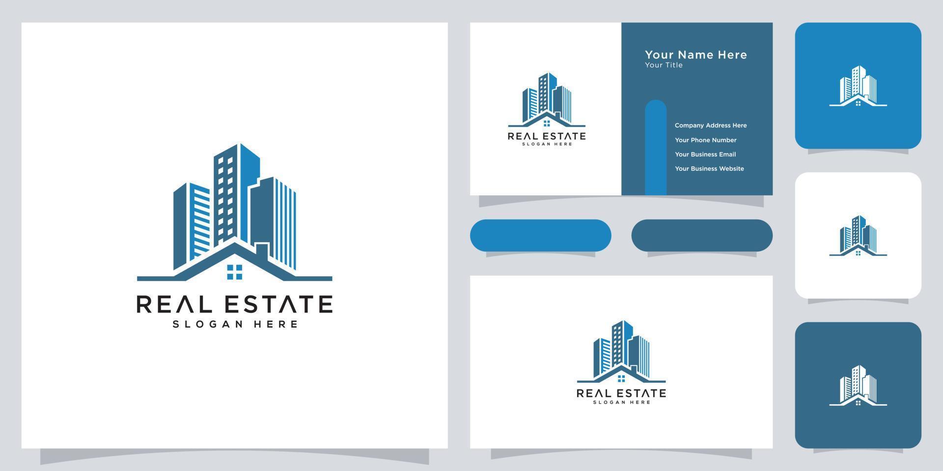 inmobiliaria con diseño de logotipo de edificio y casa y tarjeta de visita vector