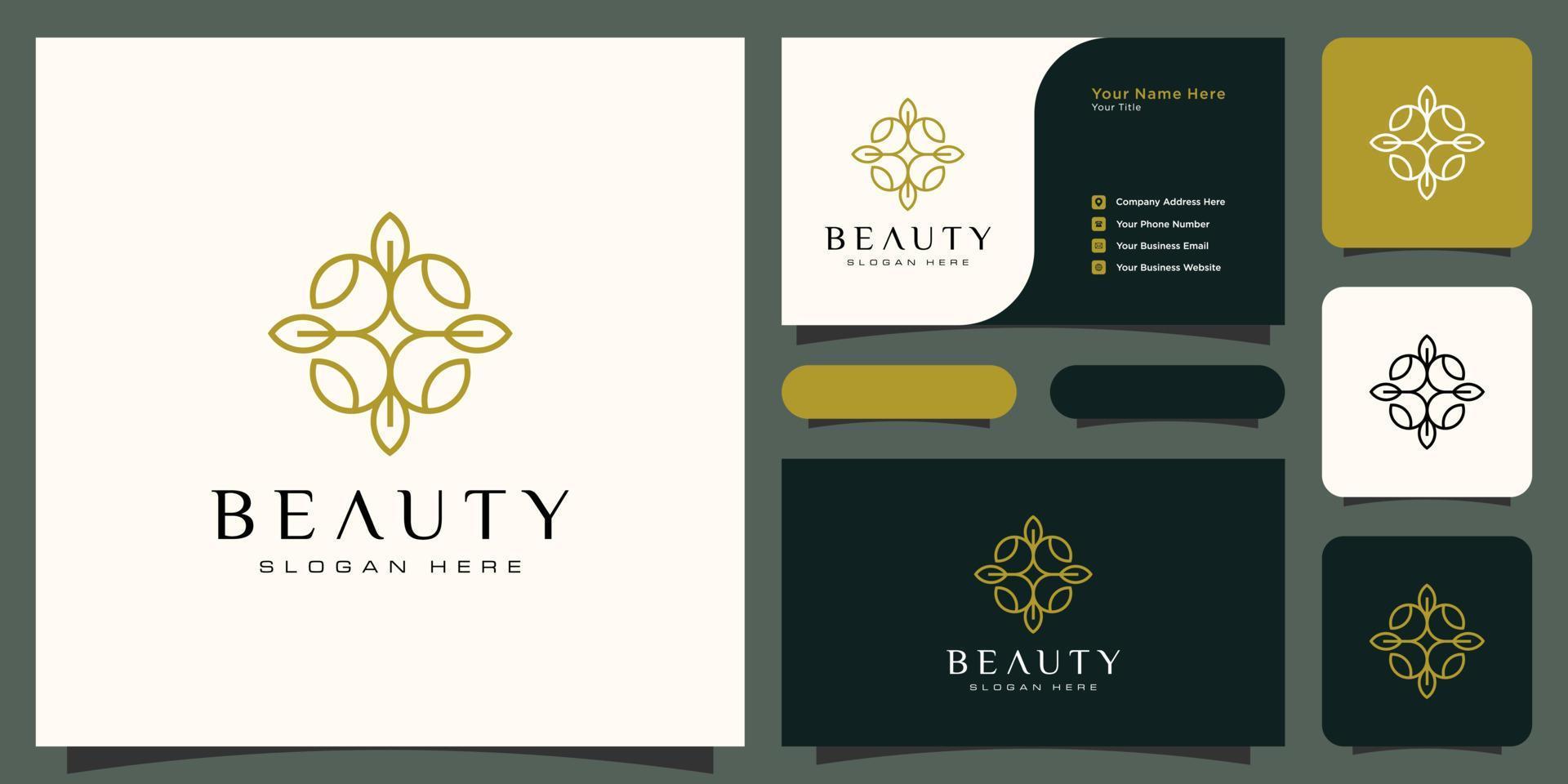 Flower mono line luxury logo with business card design vector