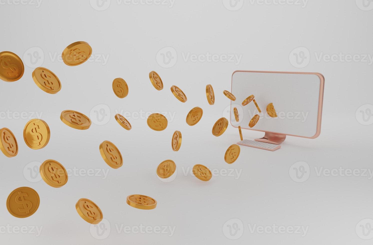3D render Computer banking, financial payment Computer screen,Laptop and money coins.Online payments coin floating on computer blank white screen transaction concept.Vector illustrate. photo
