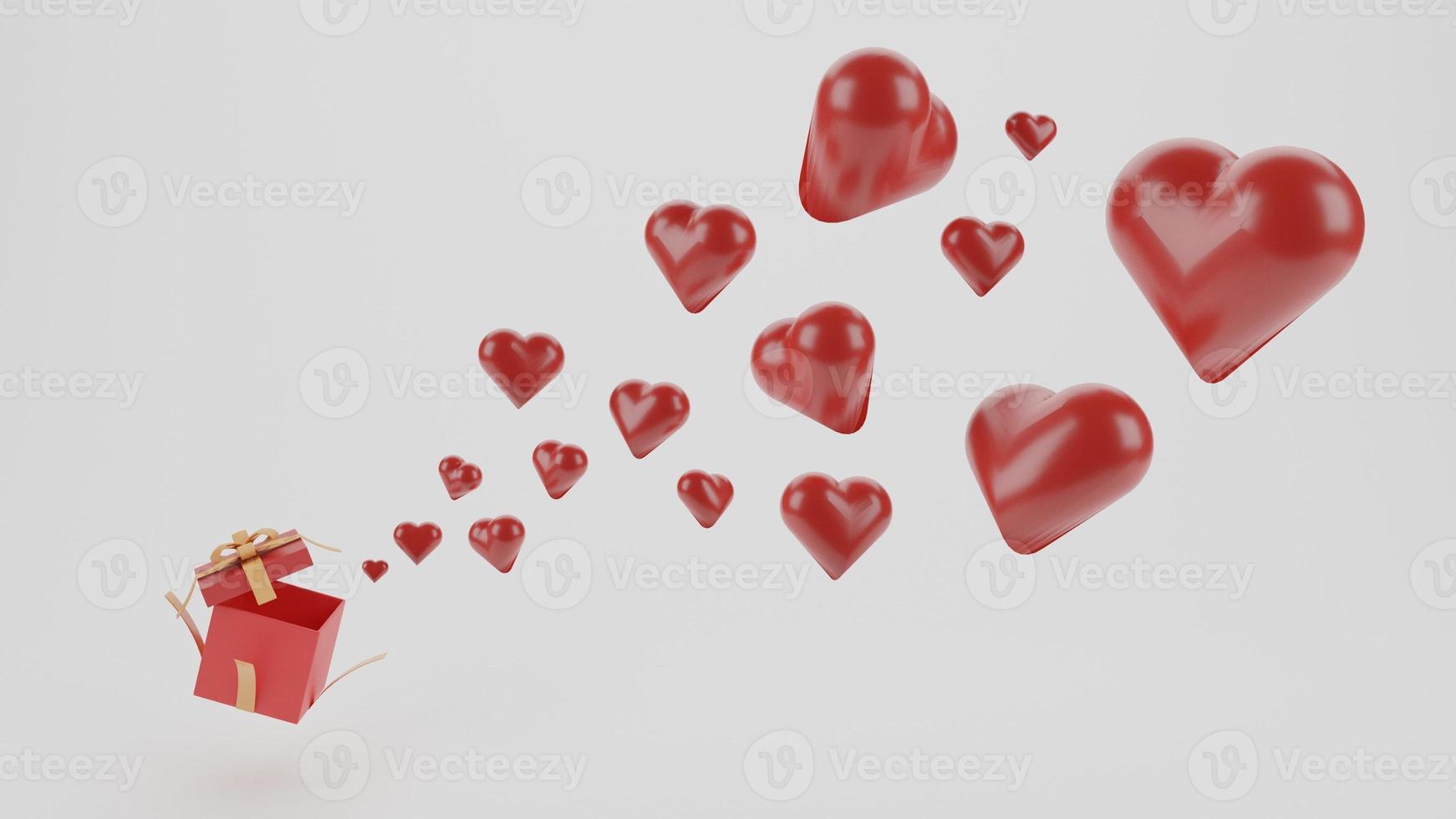 banner with Giftbox and flying red hearts. Symbols of love on white background.Mother's day .valentine's day.3D rendering illustration photo