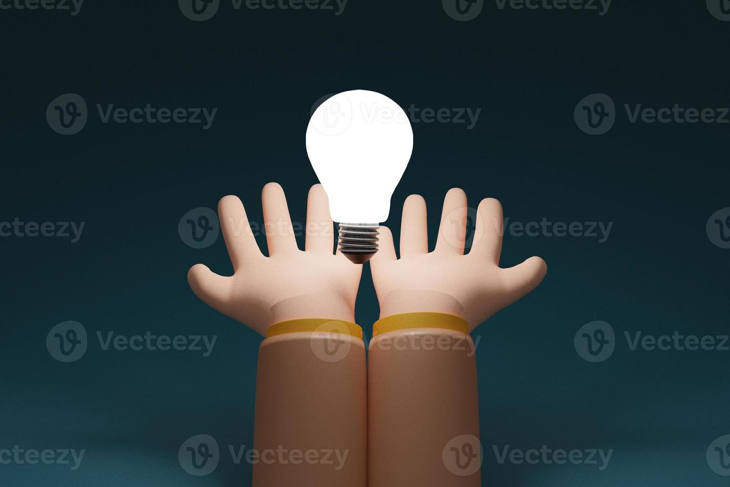 Two Hand holding glowing lamp.Lightbulb in hand businessman on drak background.Knowledge,Inspiration, discovery, care, idea and insight concept. 3D Rendering photo
