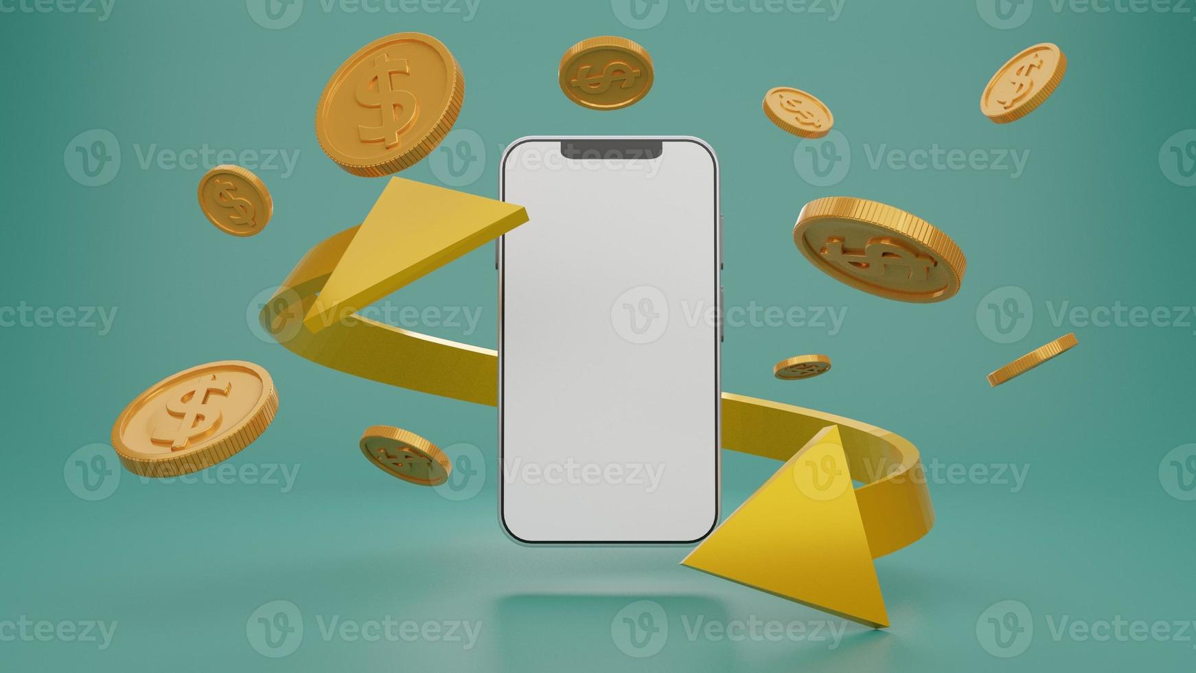 Smartphone with blank display, digital wallet. Shopping mobile app, gold arrows and coins.Cashback and banking,money-saving. Mock up empty screen copy space,Isolate background. 3D rendering photo