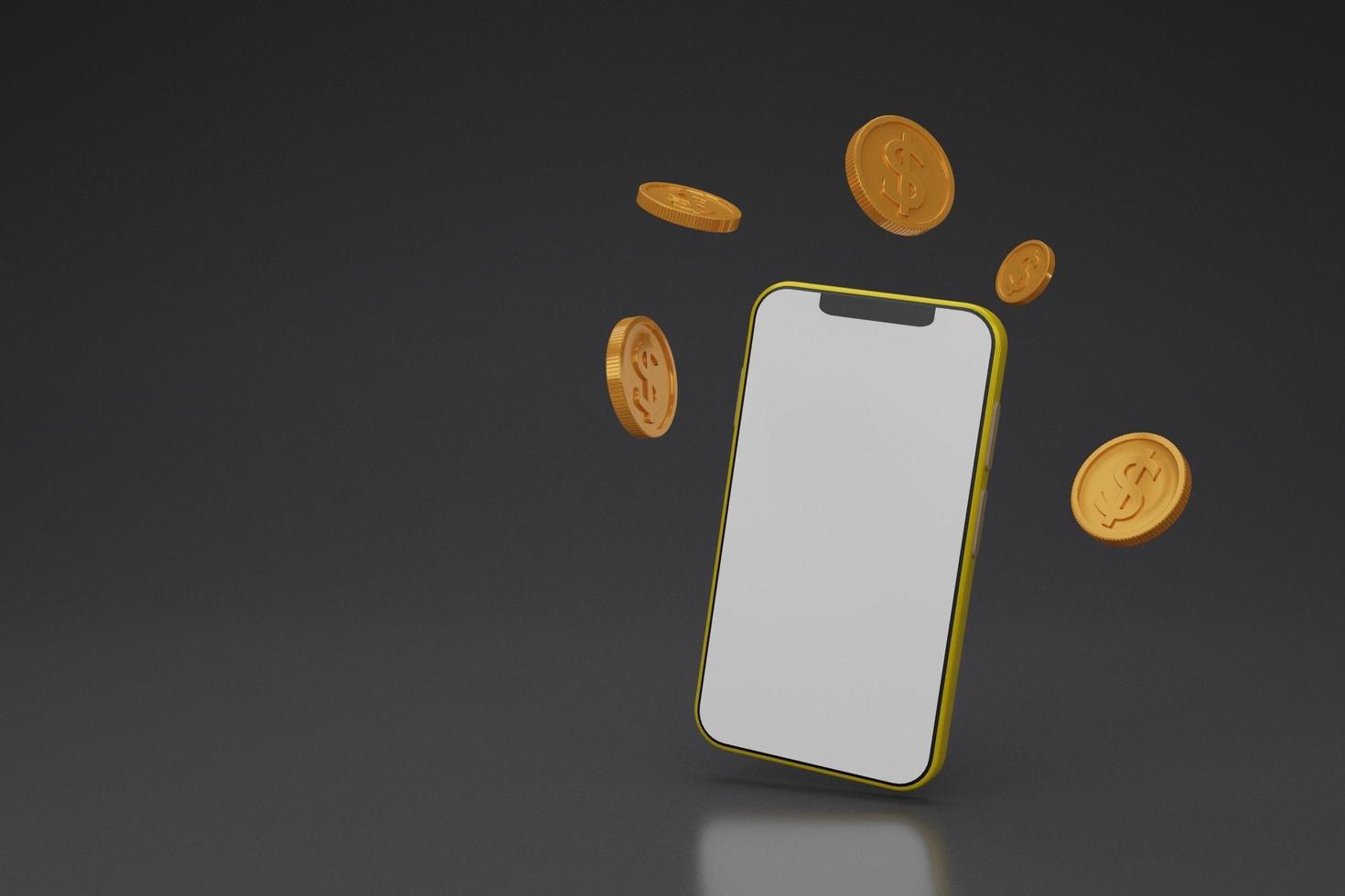 teléfono inteligente con pantalla en blanco y rodeado de monedas de oro, transferencia de criptomonedas, pago a través de un teléfono inteligente, banco de teléfonos móviles, billetera, fondo aislado. Representación 3d. foto