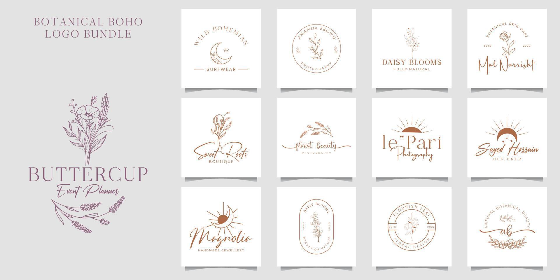 logotipo dibujado a mano con elementos florales botánicos con flores silvestres y hojas. logo para spa y salón de belleza, boutique, tienda orgánica, boda, diseñador floral, interior, fotografía, cosmética. vector