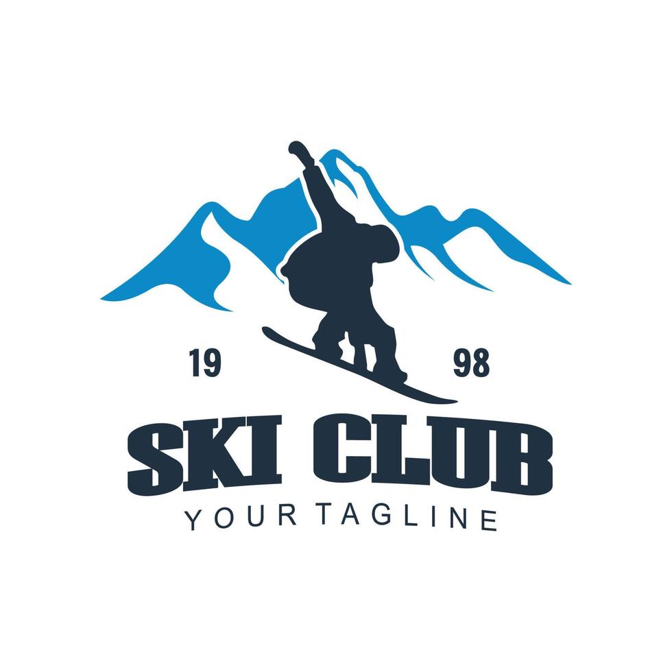 Ski club concept with skiers skiing downhill in high mountains. Retro badge vector ski club. Concept for shirt, print, stamp or tuning. Ski club typography design - stock vector.
