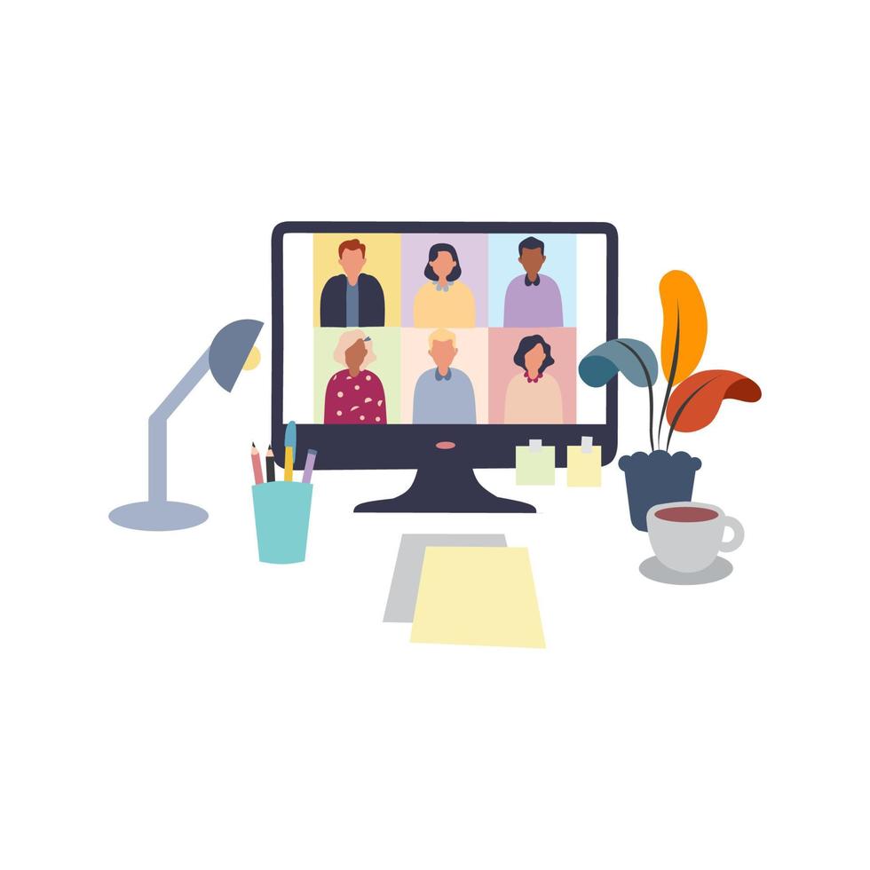 Colleagues talk to each other on the computer screen. Conference video call, working from home. vector