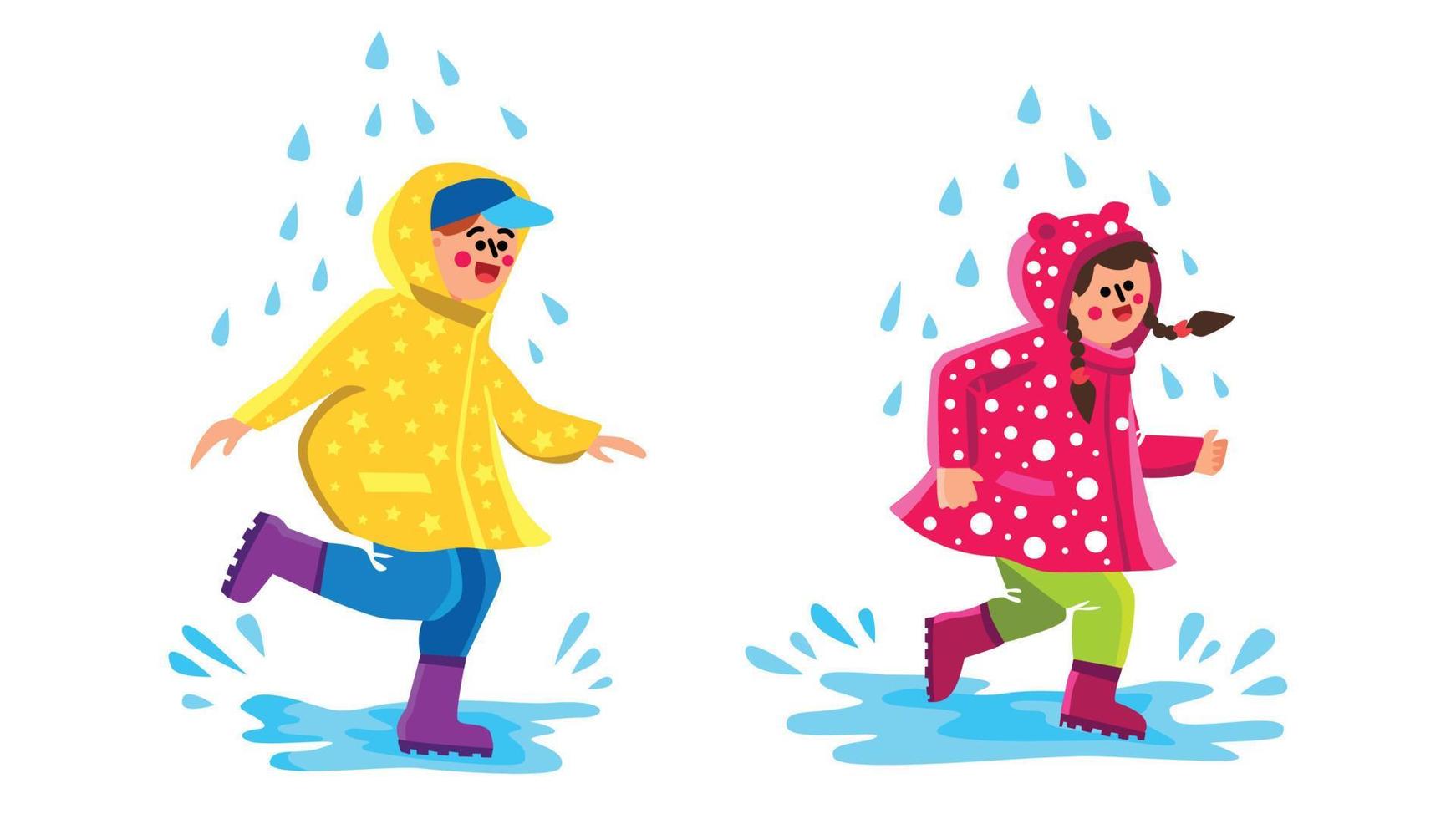 Children Wearing Raincoat Walking Puddles Vector Illustration